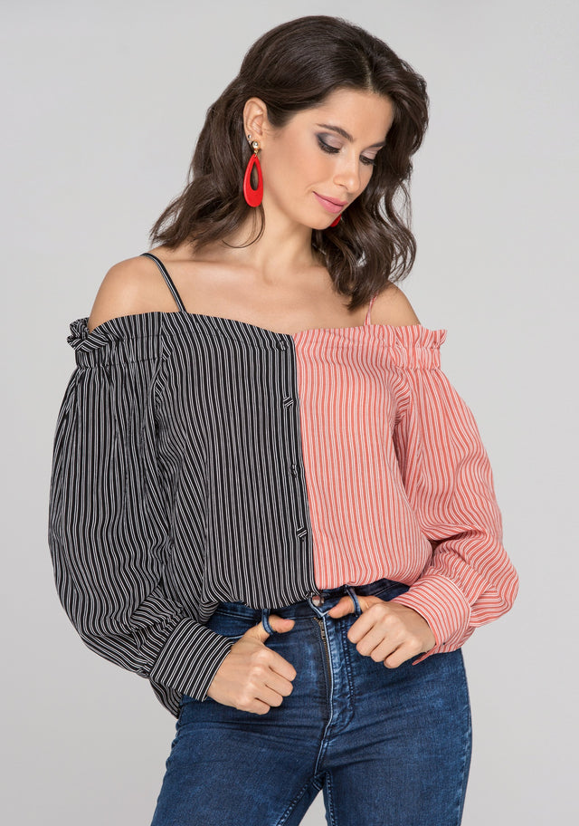 Black and Red Contrast Cold Shoulder Top
