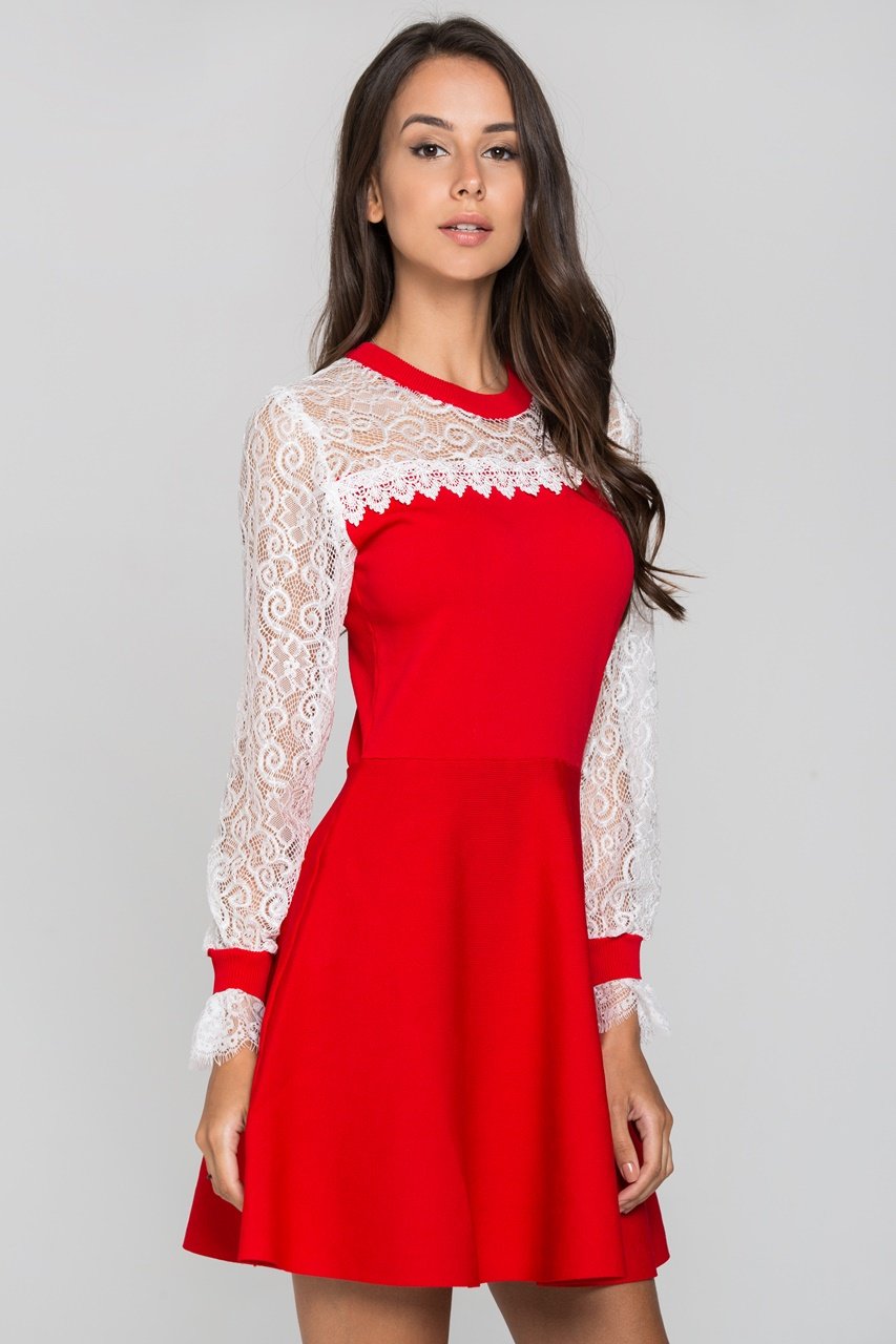 Red and White Lace Yoke Crew Neck Peplum Mini Dress