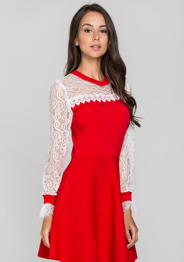 Red and White Lace Yoke Crew Neck Peplum Mini Dress