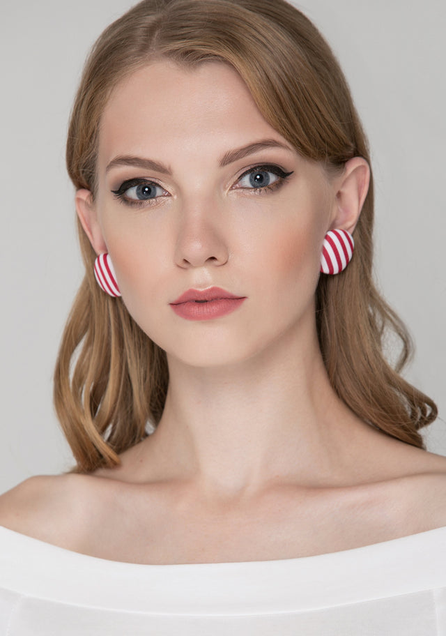 Red and White Stripe Button Earrings