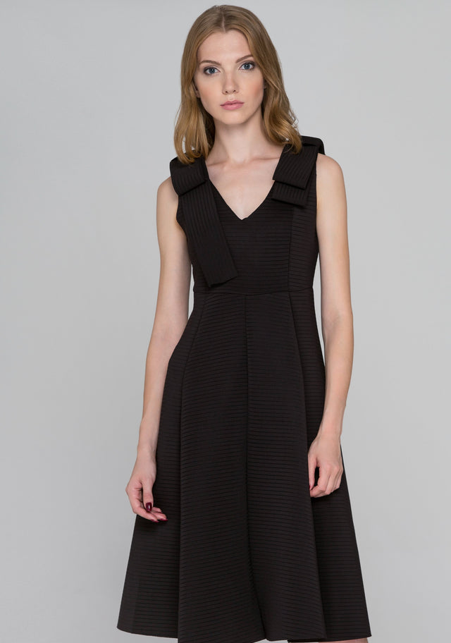 Ribbed Black Bow Princess Midi Dress