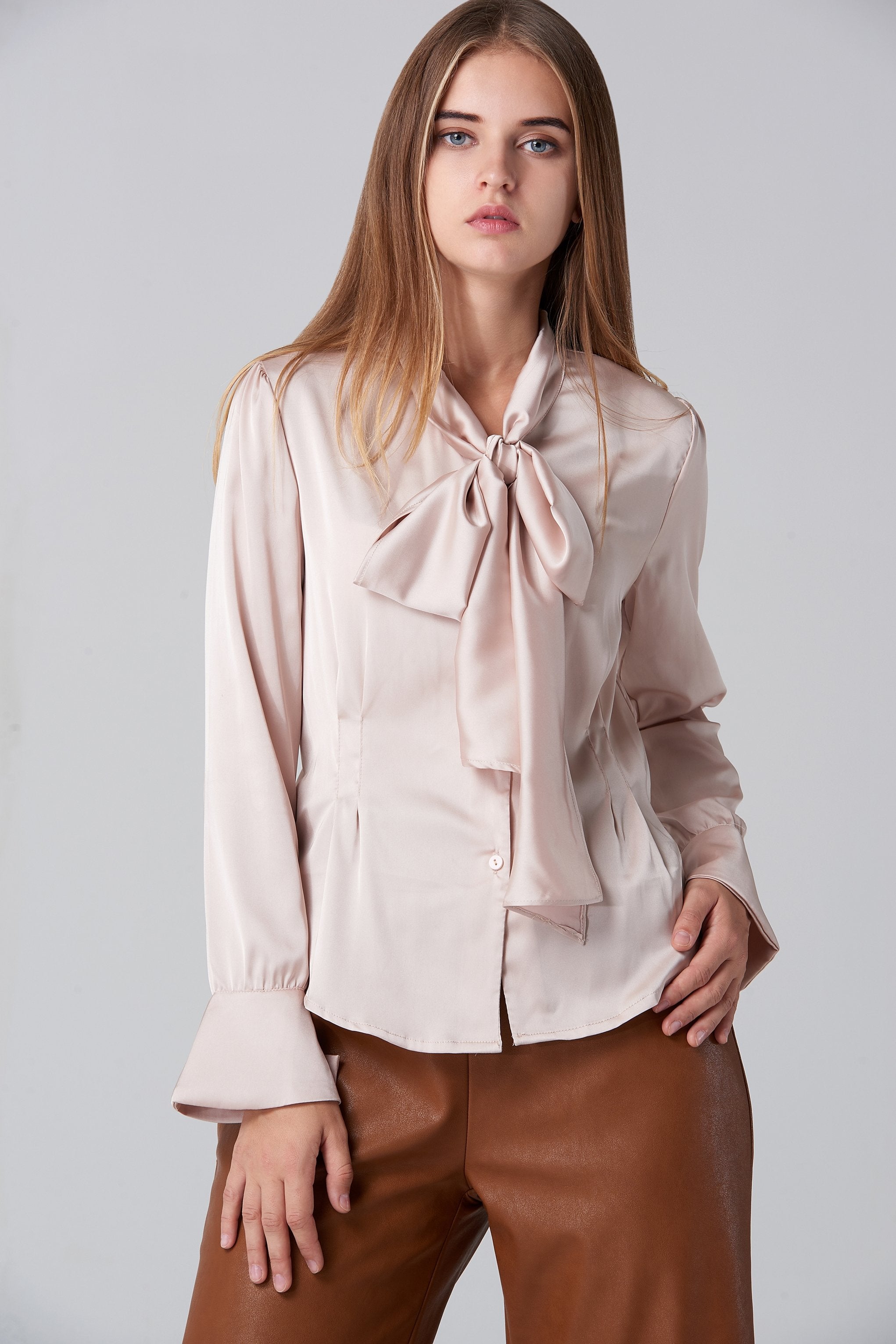 Silk BlushTie Neck Sleeved Top