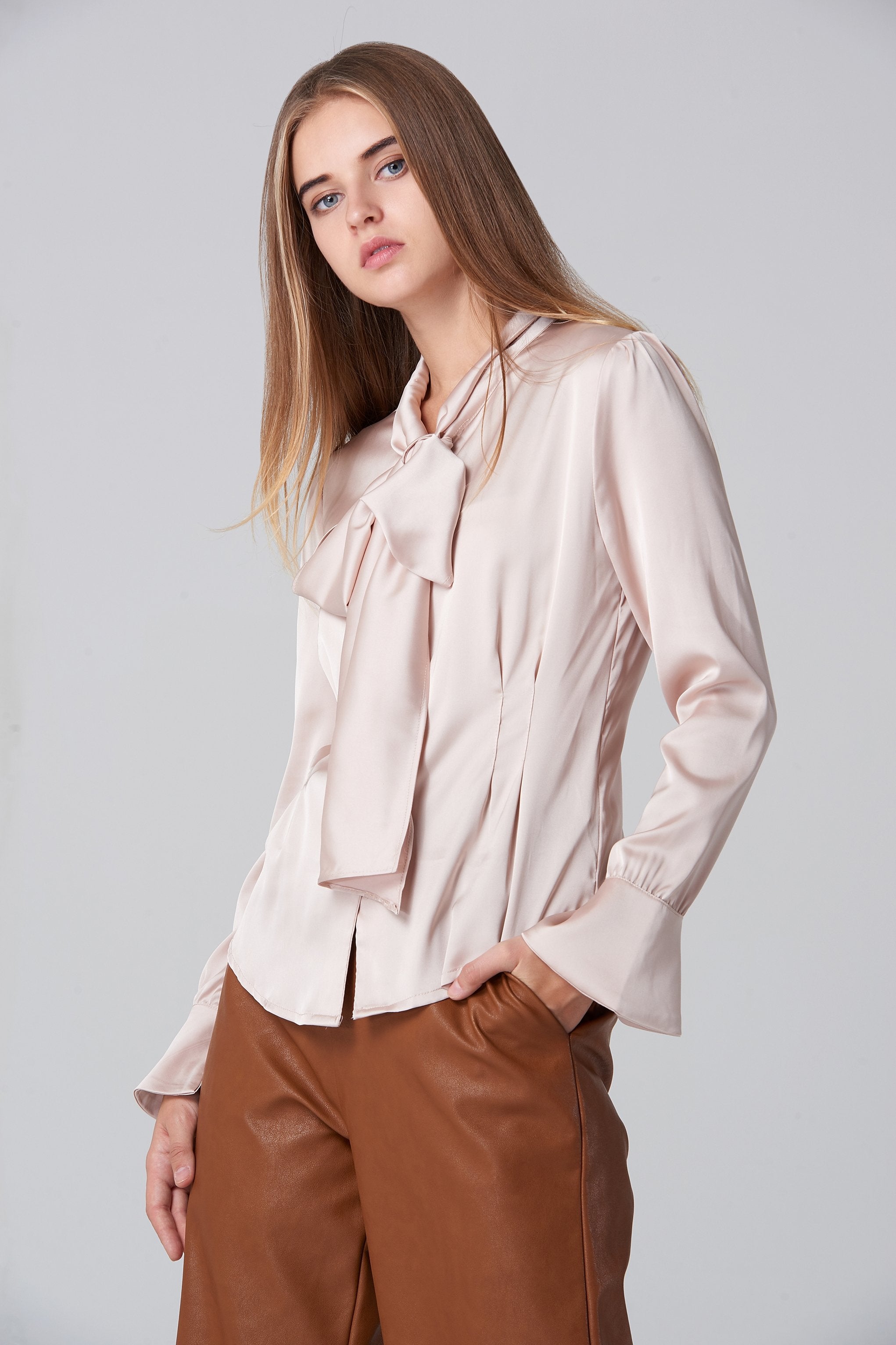 Silk BlushTie Neck Sleeved Top