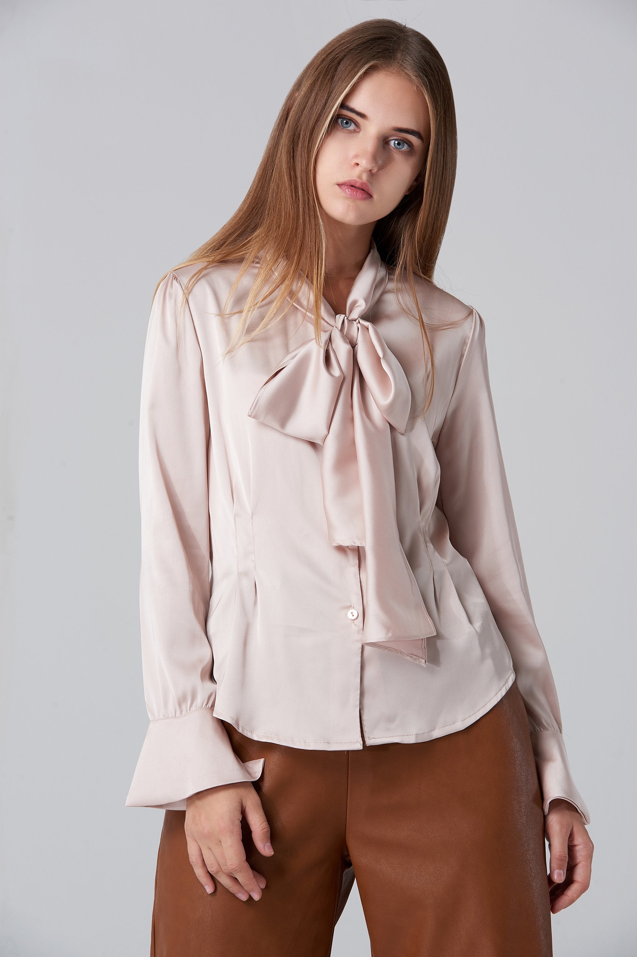 Silk BlushTie Neck Sleeved Top