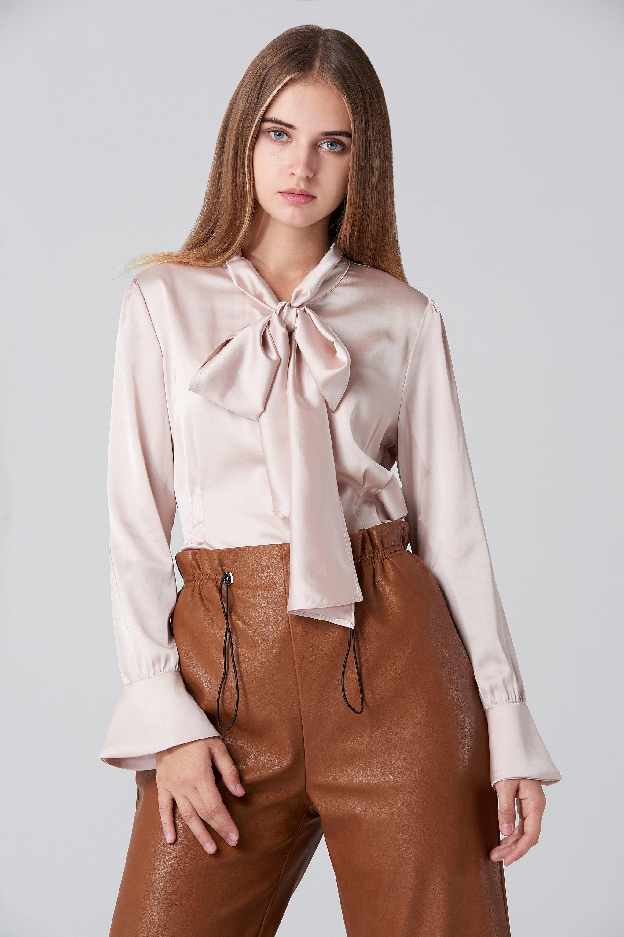 Silk BlushTie Neck Sleeved Top