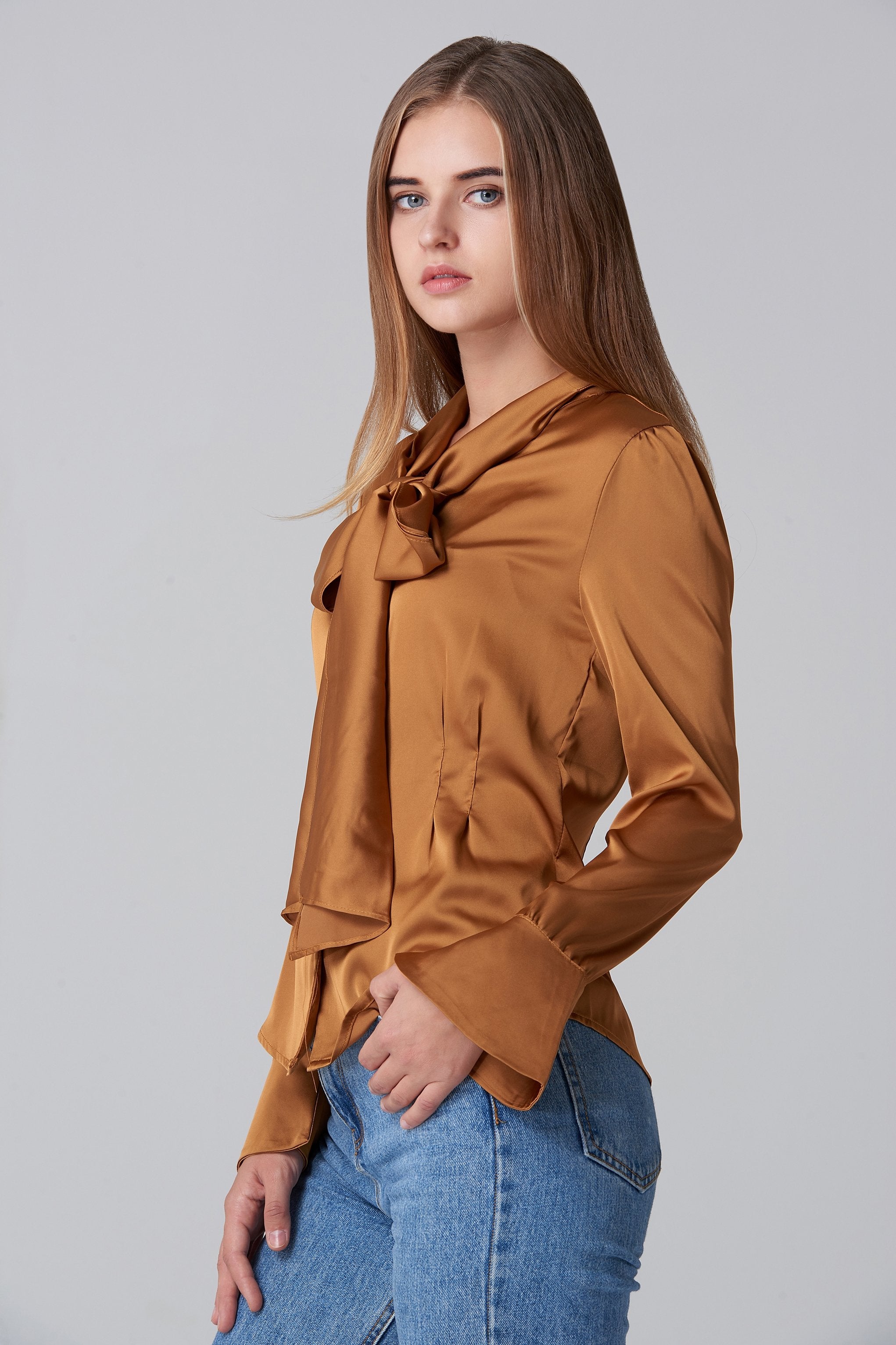 Silk Copper Tie Neck Sleeved