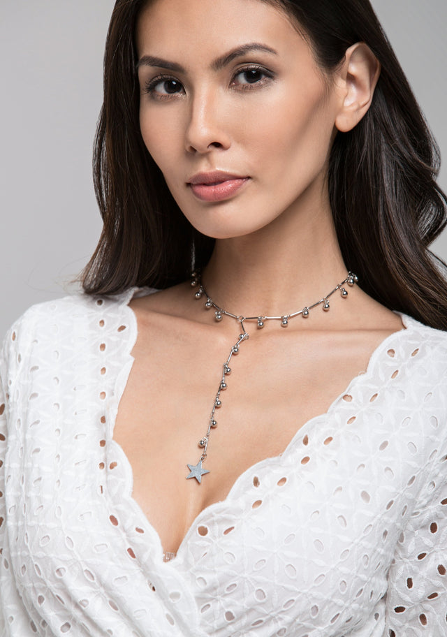 Silver Beads Star Drop Choker Necklace