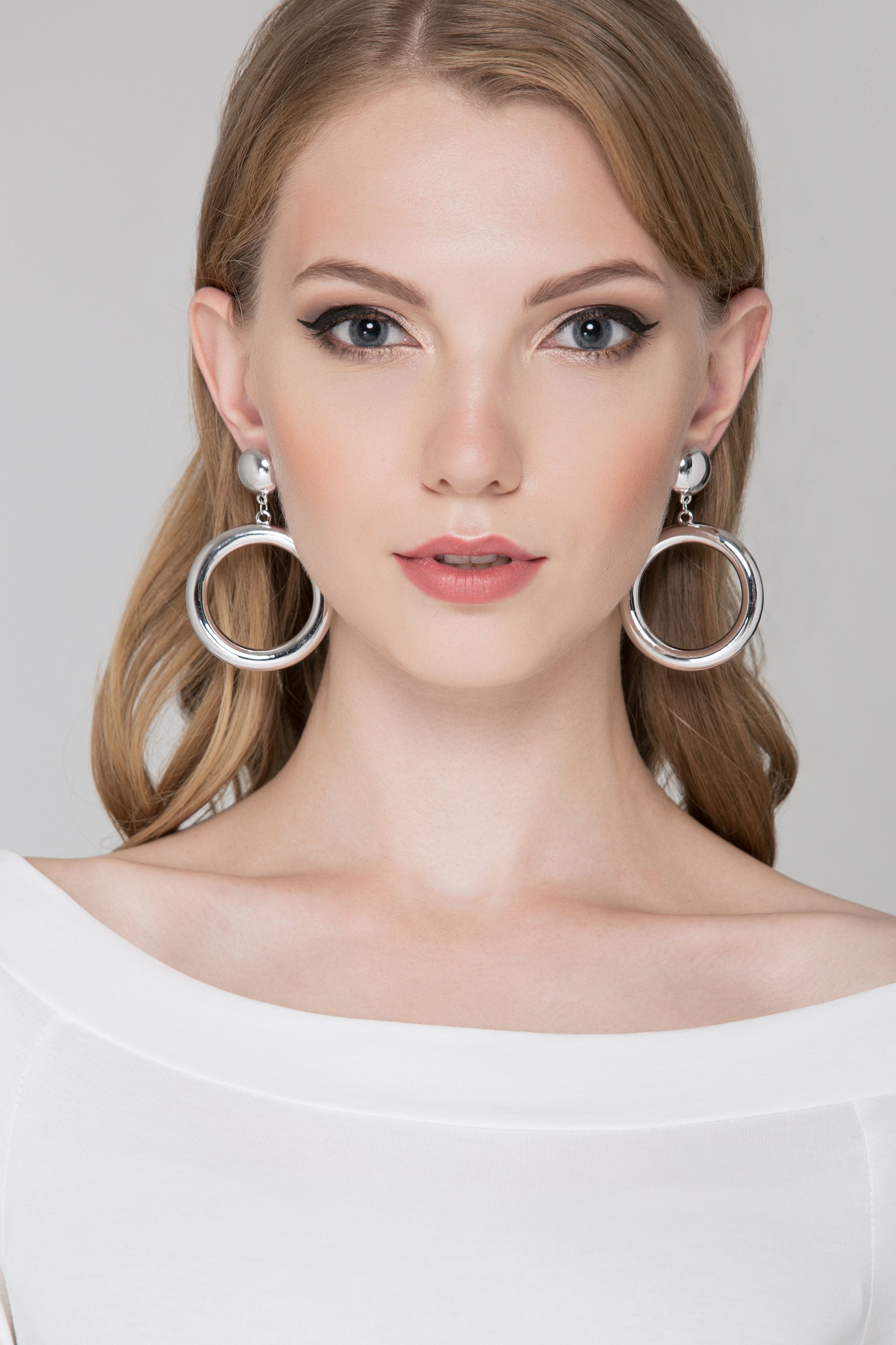 Silver Button Hoop Earrings