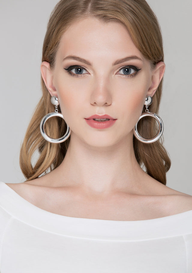 Silver Button Hoop Earrings
