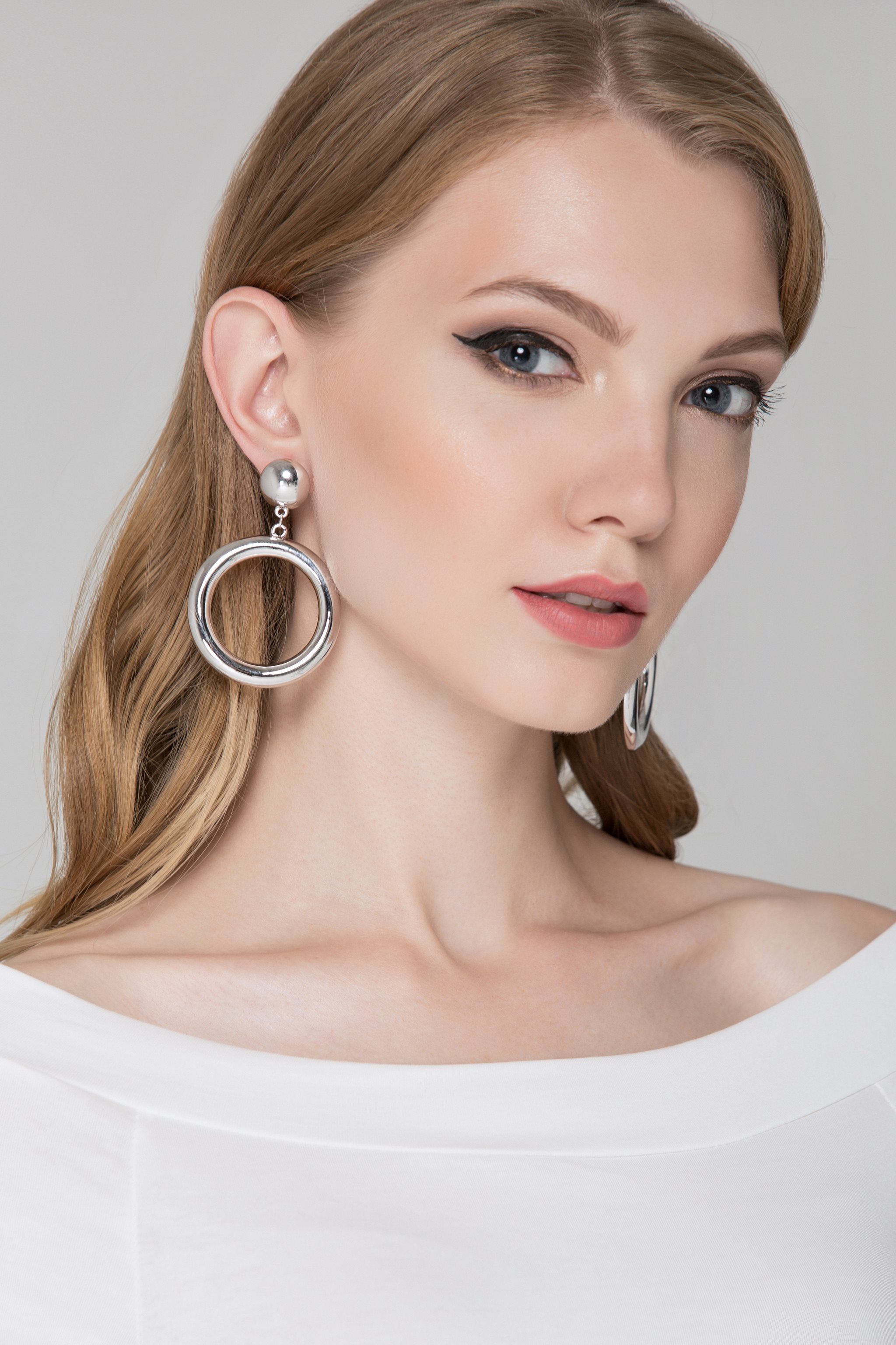 Silver Button Hoop Earrings