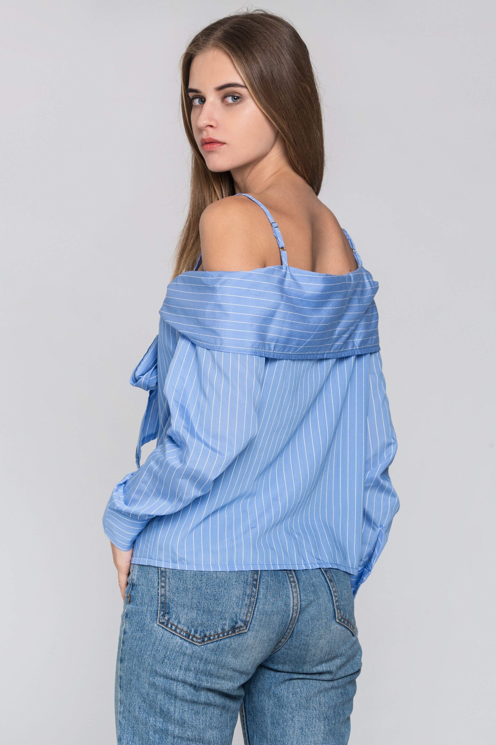 Sky Blue Pin Stripes Cold Shoulder Tie Bandeau Top