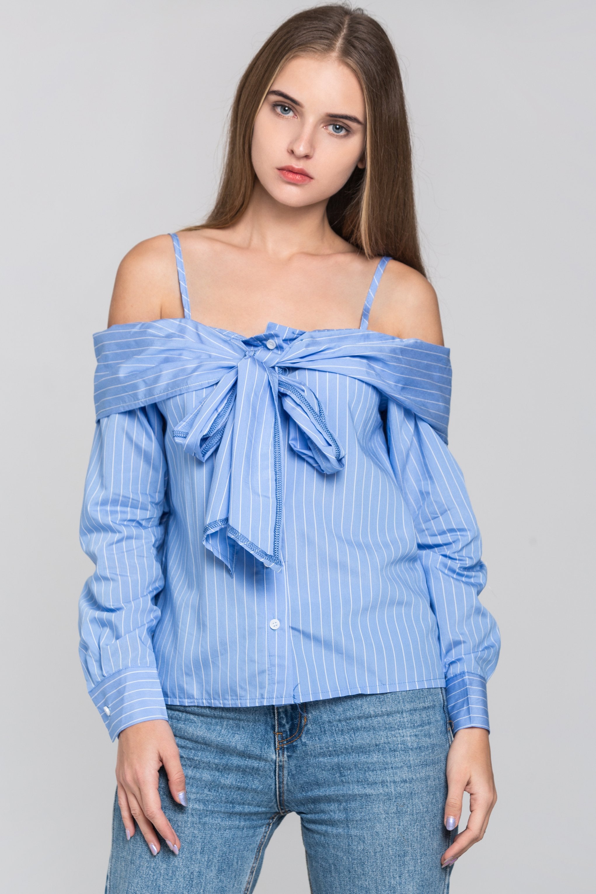 Sky Blue Pin Stripes Cold Shoulder Tie Bandeau Top