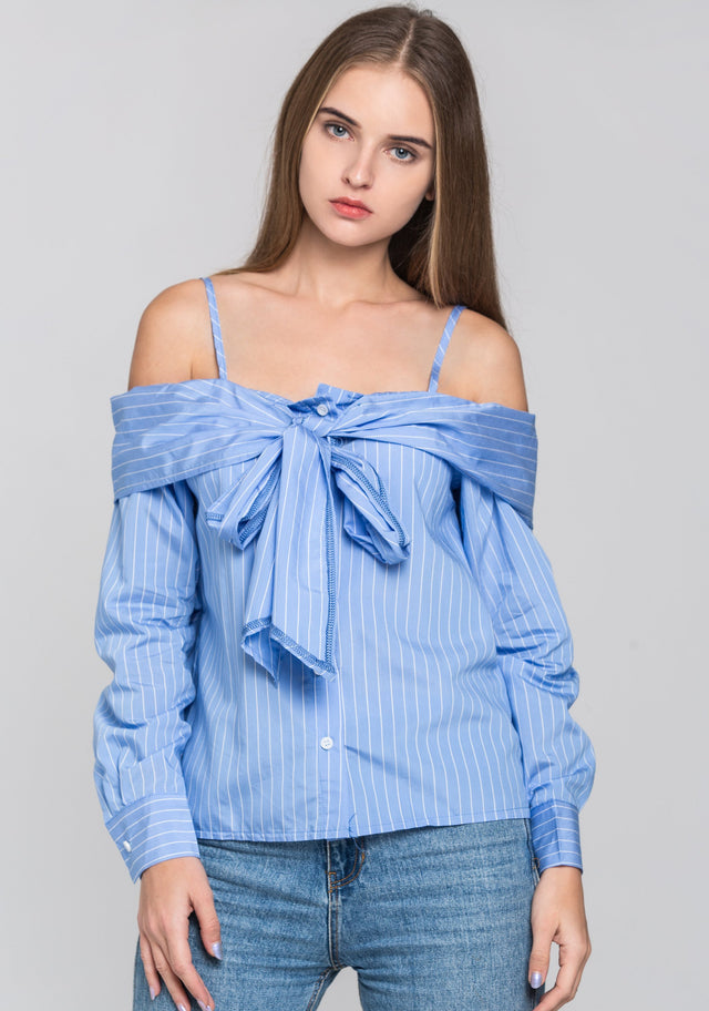 Sky Blue Pin Stripes Cold Shoulder Tie Bandeau Top