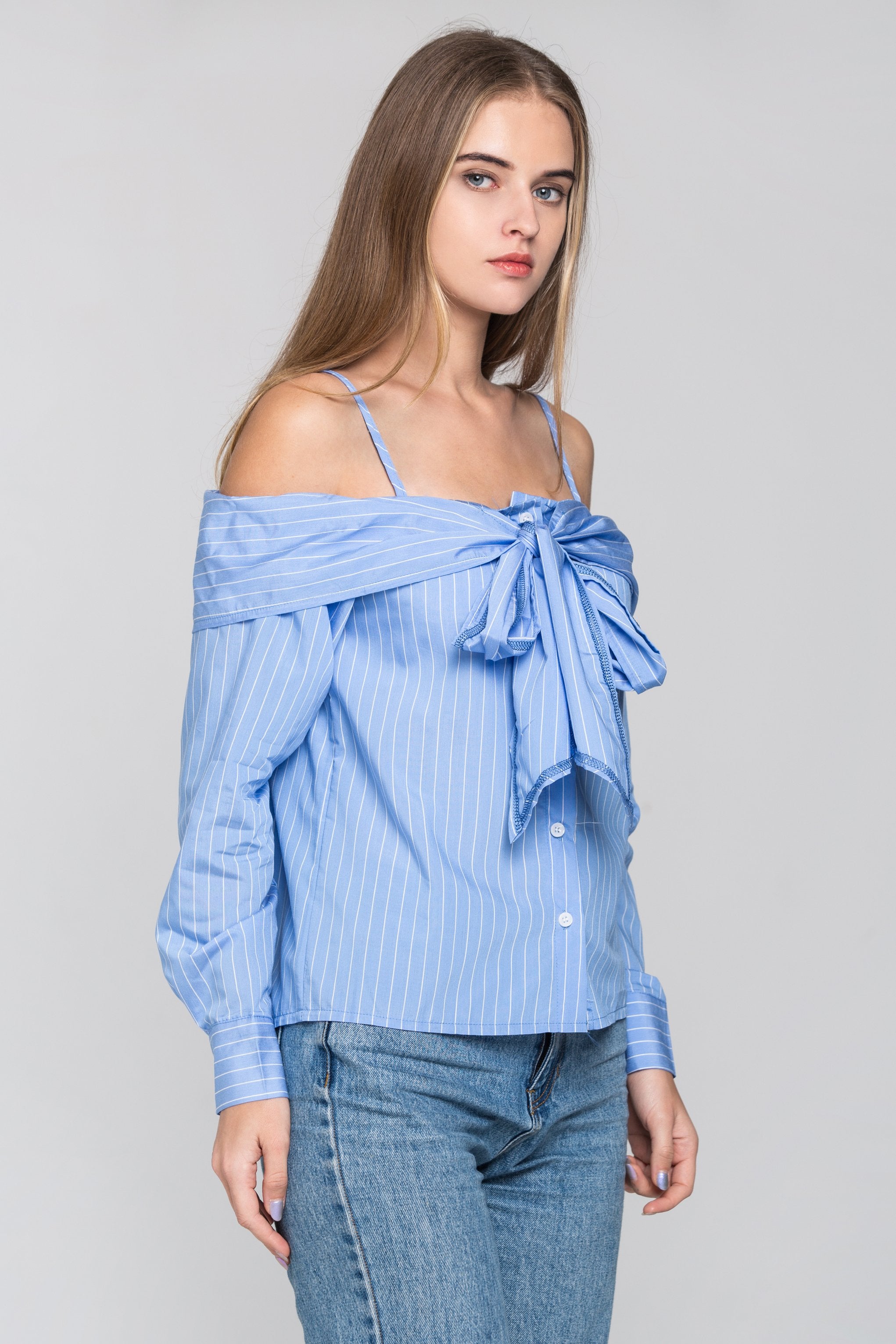 Sky Blue Pin Stripes Cold Shoulder Tie Bandeau Top