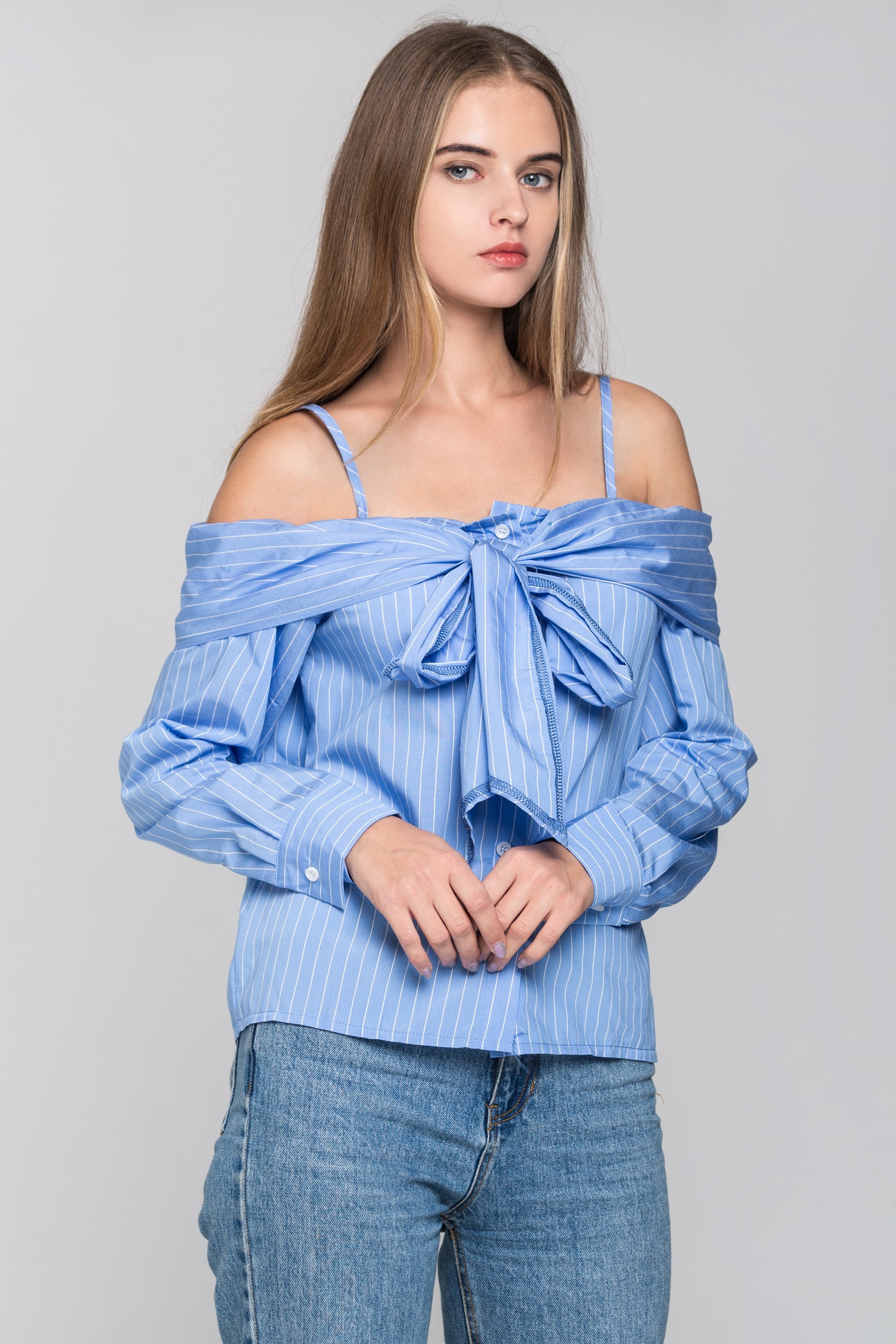 Sky Blue Pin Stripes Cold Shoulder Tie Bandeau Top