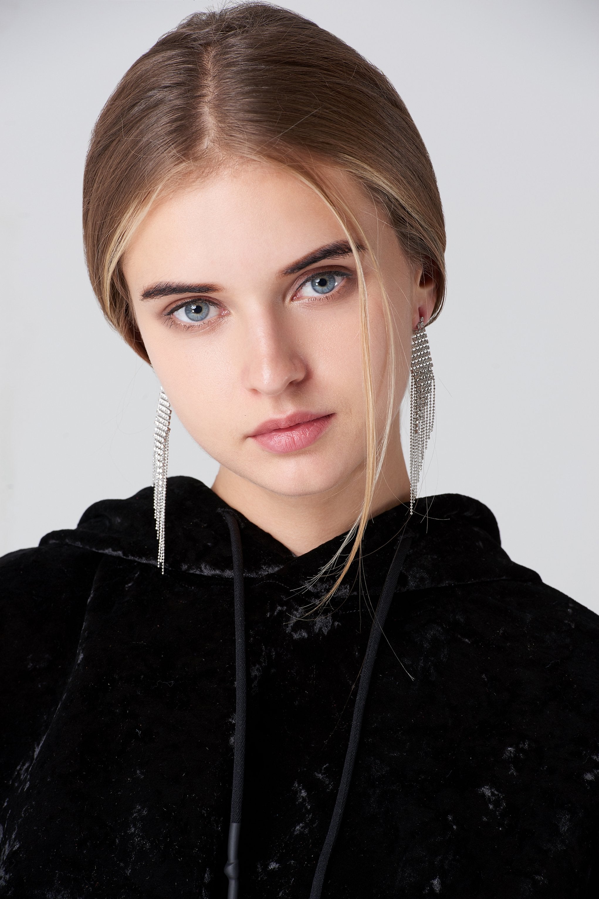 Long Studded Tassel with Silver Micro beads Strand Earrings