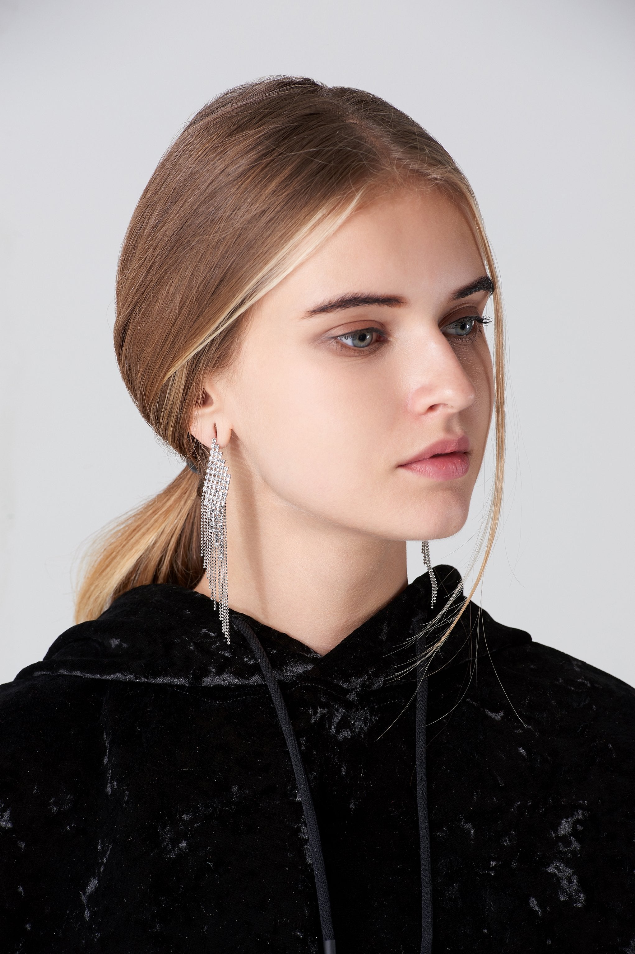 Long Studded Tassel with Silver Micro beads Strand Earrings