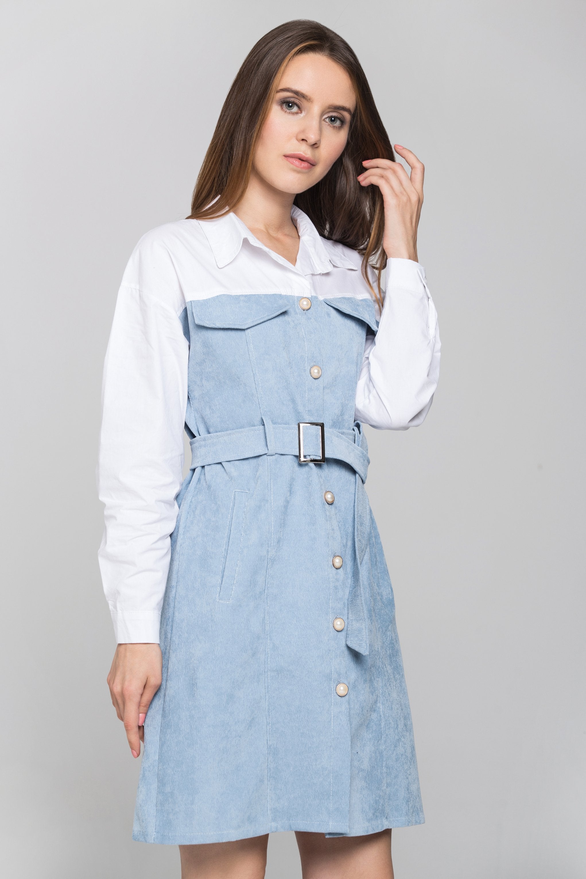 Slate Blue Chord and White Panel Belted Midi Shirt Dress