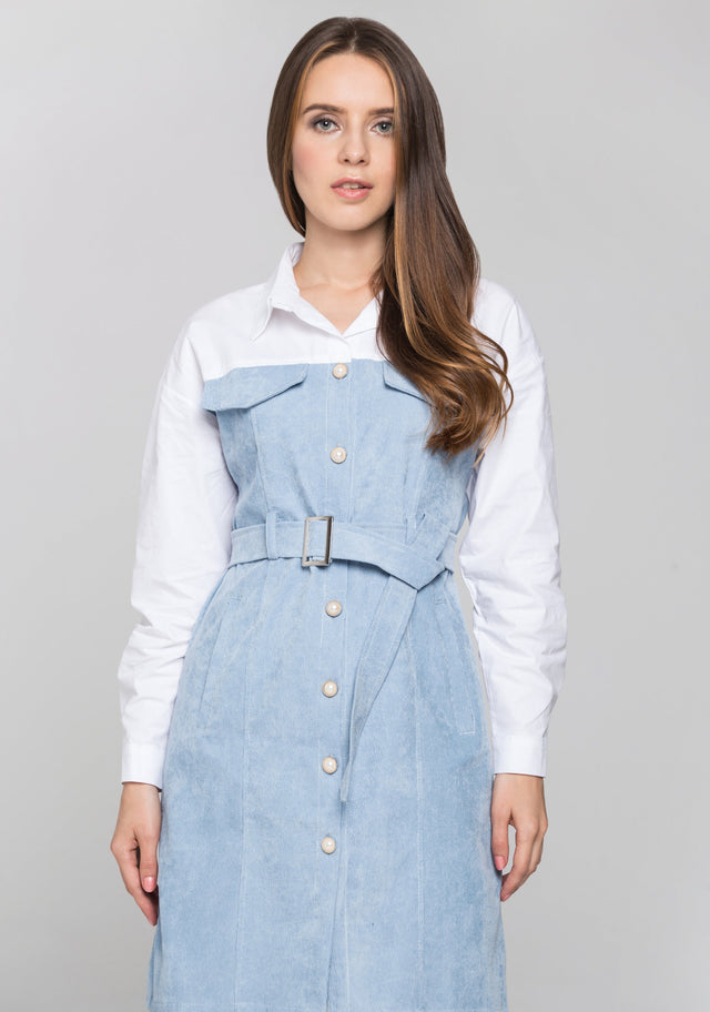 Slate Blue Chord and White Panel Belted Midi Shirt Dress