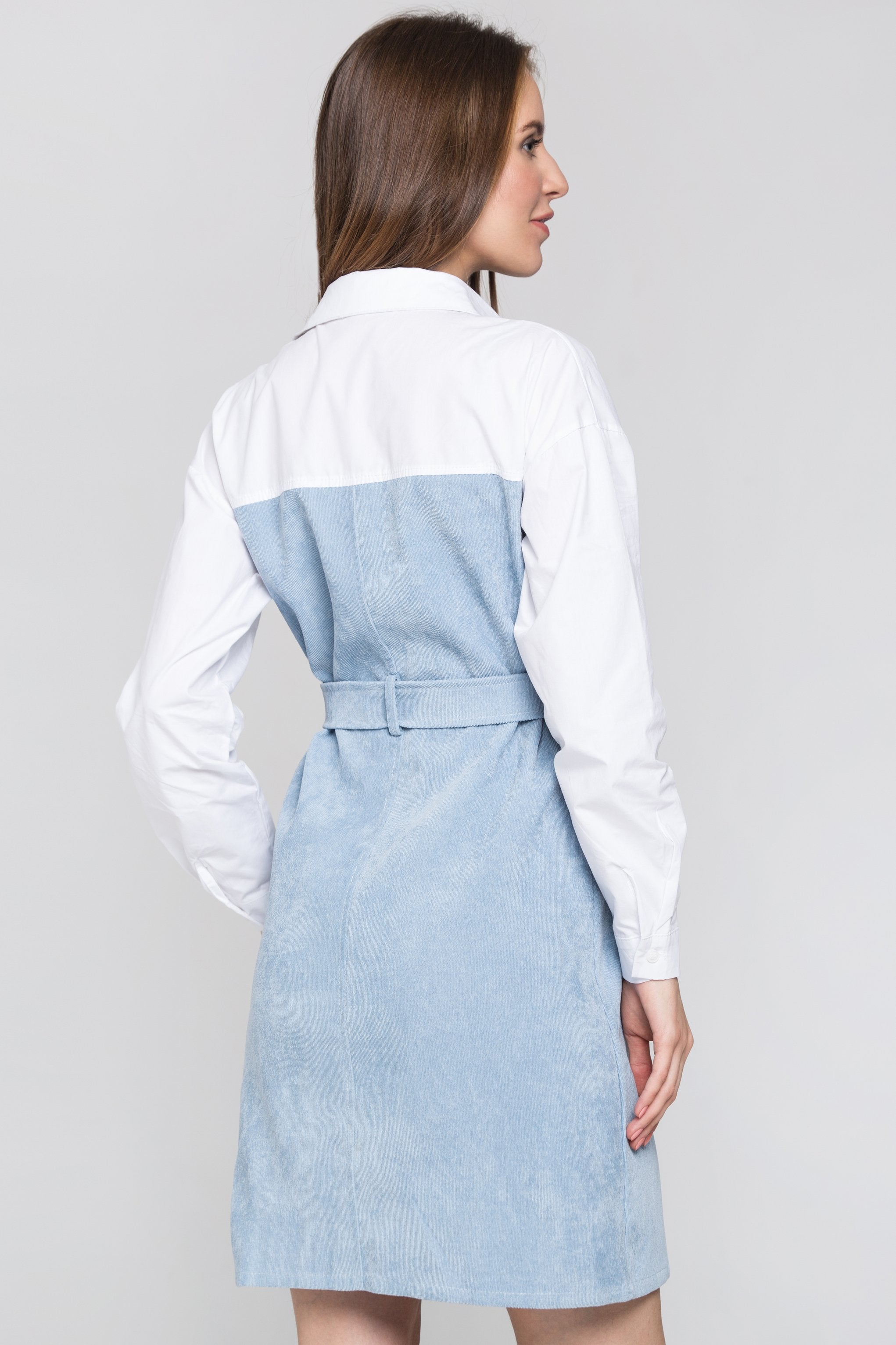 Slate Blue Chord and White Panel Belted Midi Shirt Dress