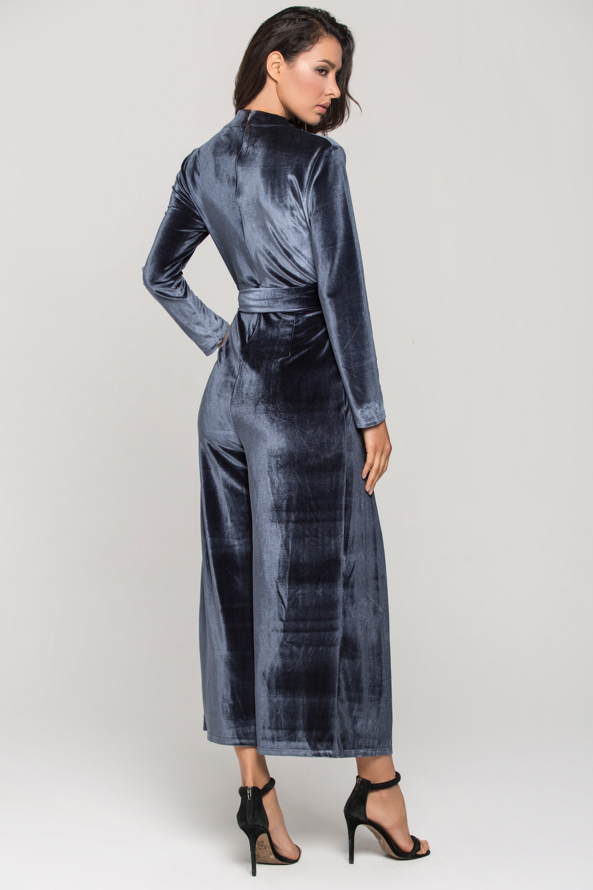 Slate Blue Velvet Sleeved Jumpsuit