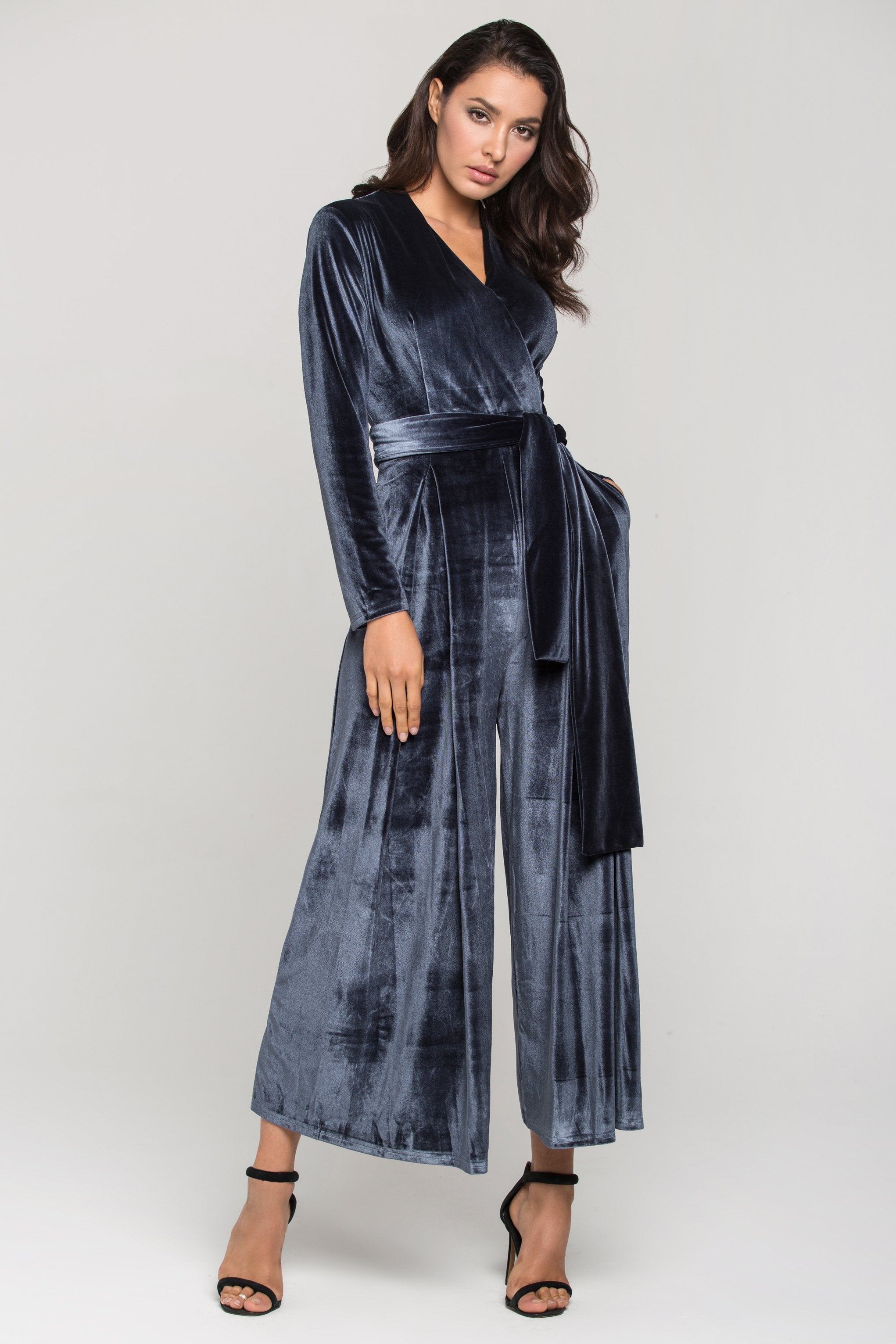 Slate Blue Velvet Sleeved Jumpsuit