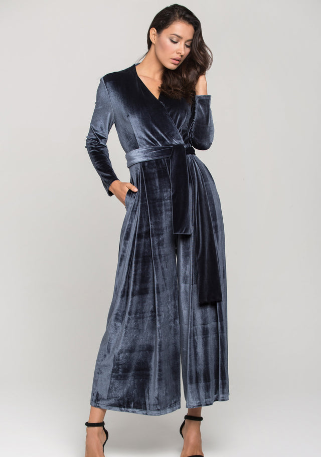 Slate Blue Velvet Sleeved Jumpsuit