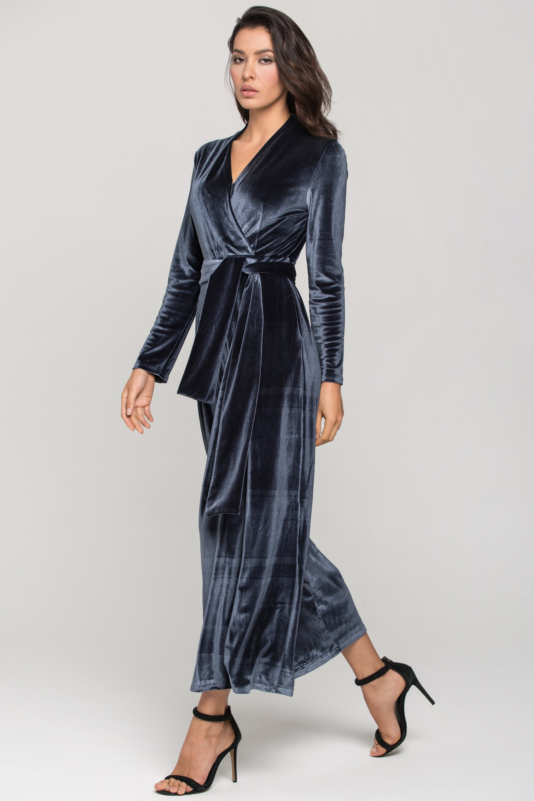 Slate Blue Velvet Sleeved Jumpsuit