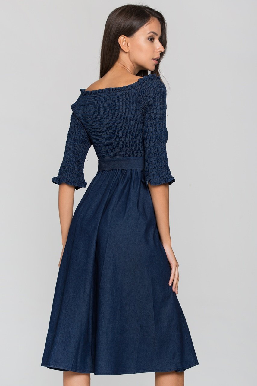 Smocked Top Off the shoulder Chambray Midi Dress