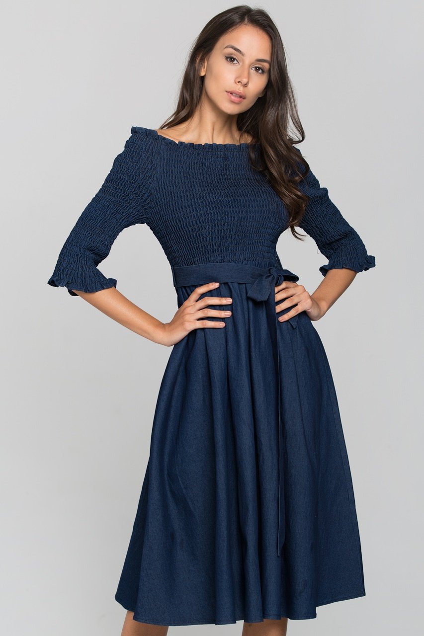Smocked Top Off the shoulder Chambray Midi Dress