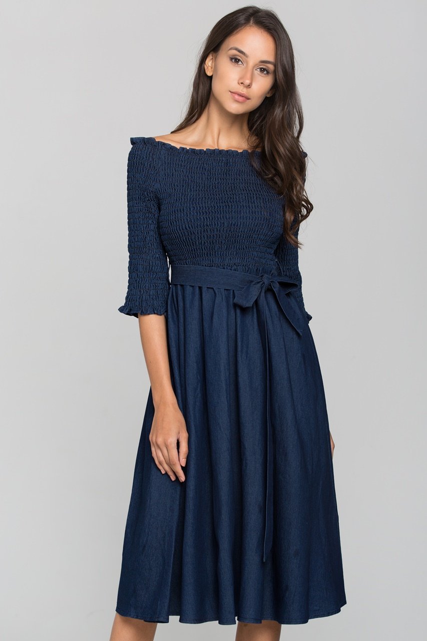 Smocked Top Off the shoulder Chambray Midi Dress