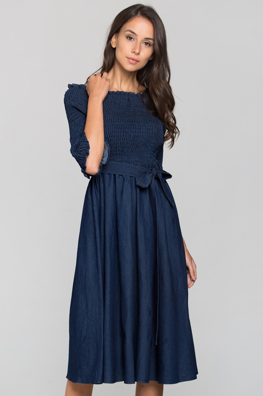Smocked Top Off the shoulder Chambray Midi Dress