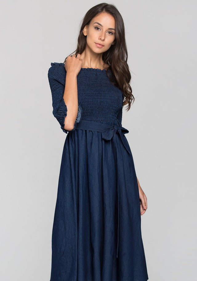 Smocked Top Off the shoulder Chambray Midi Dress