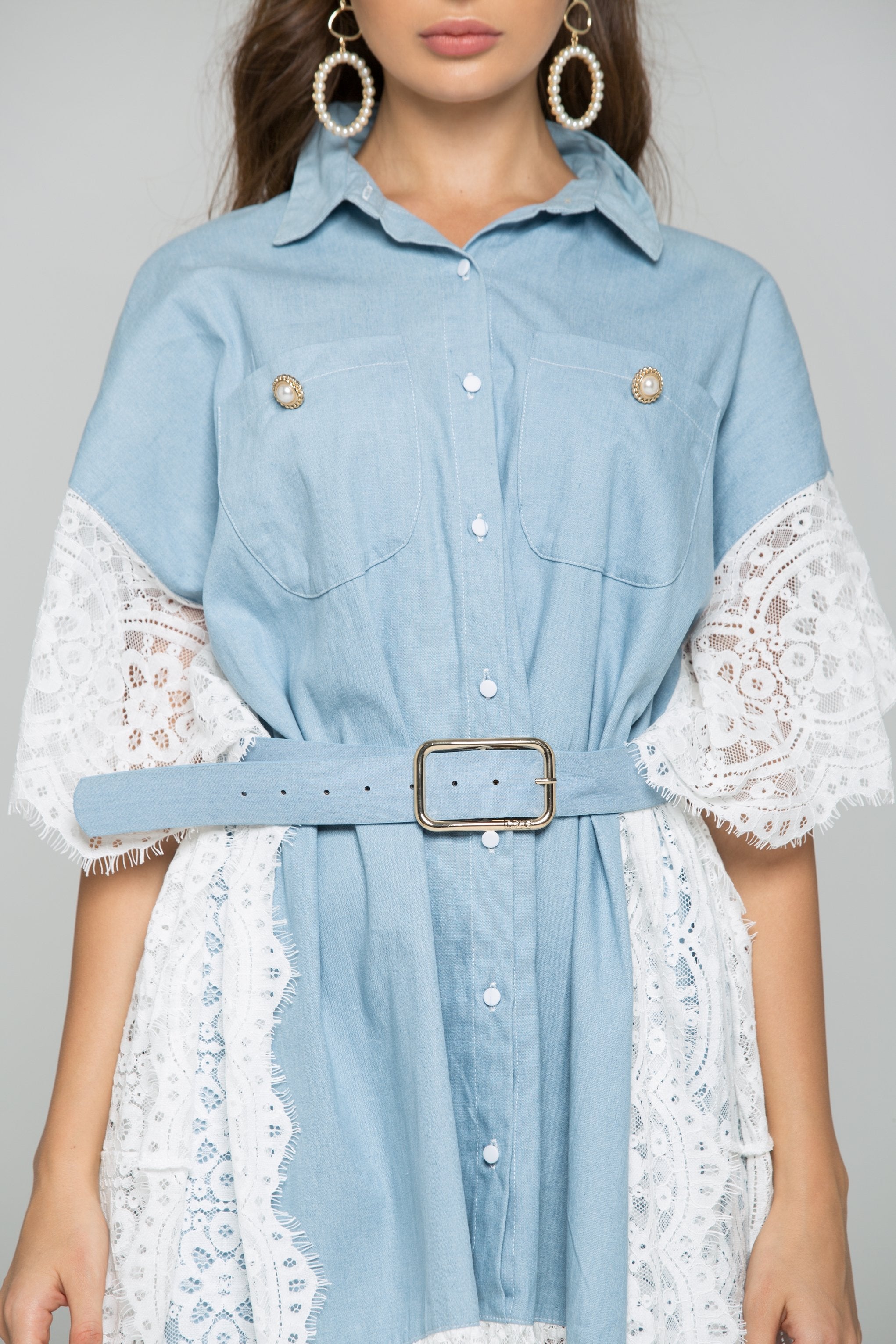 Denim Kaftan All-Over Lace Shirt Dress