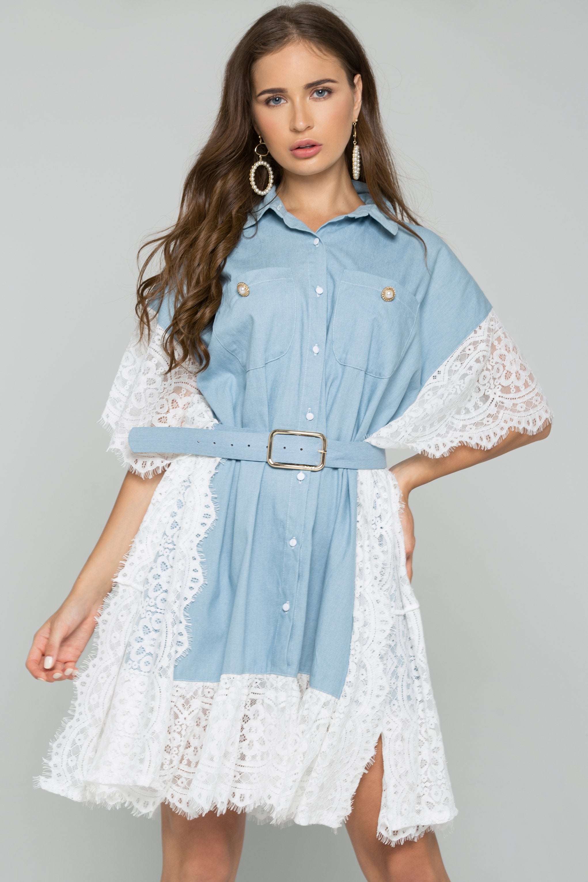 Denim Kaftan All-Over Lace Shirt Dress