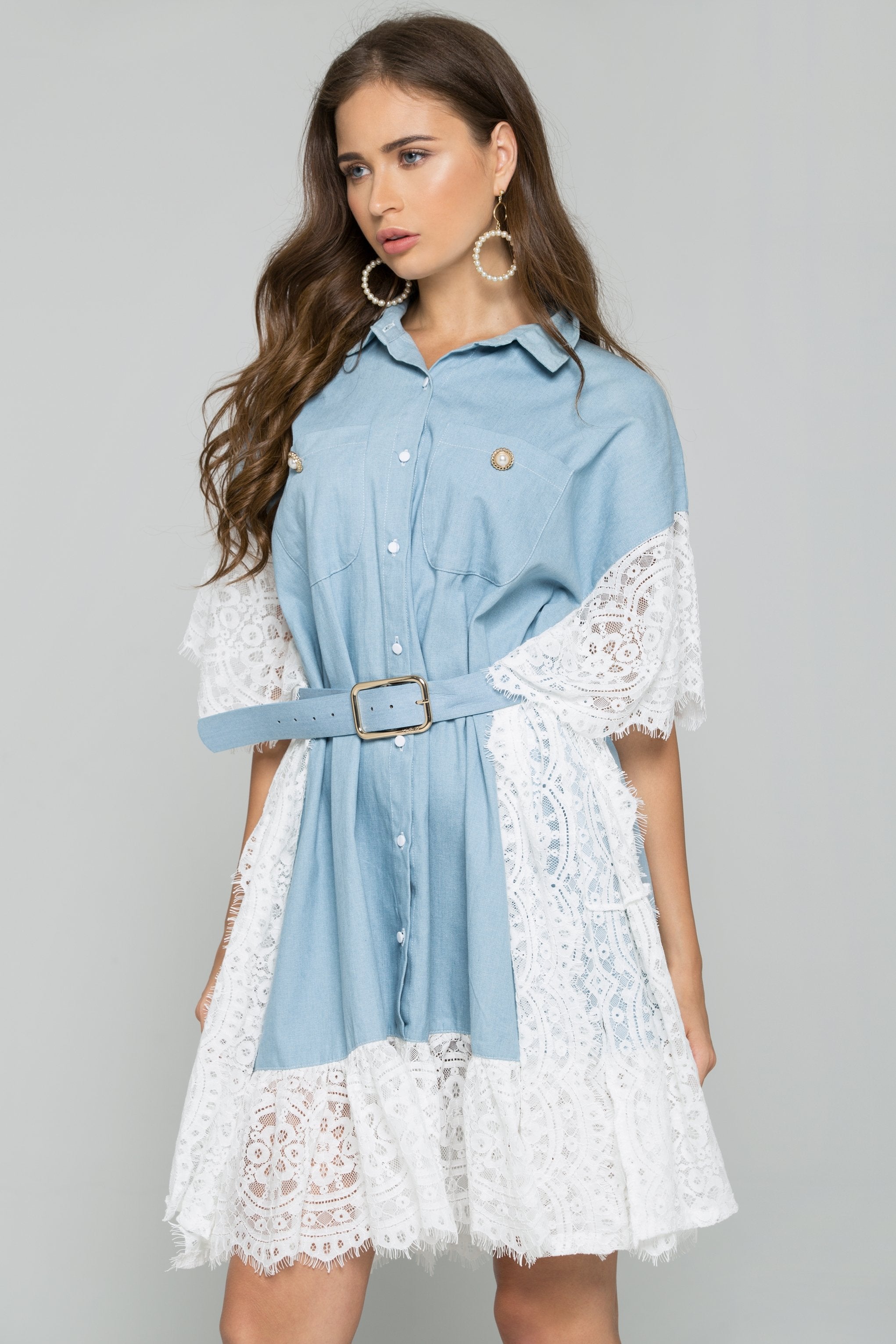 Denim Kaftan All-Over Lace Shirt Dress