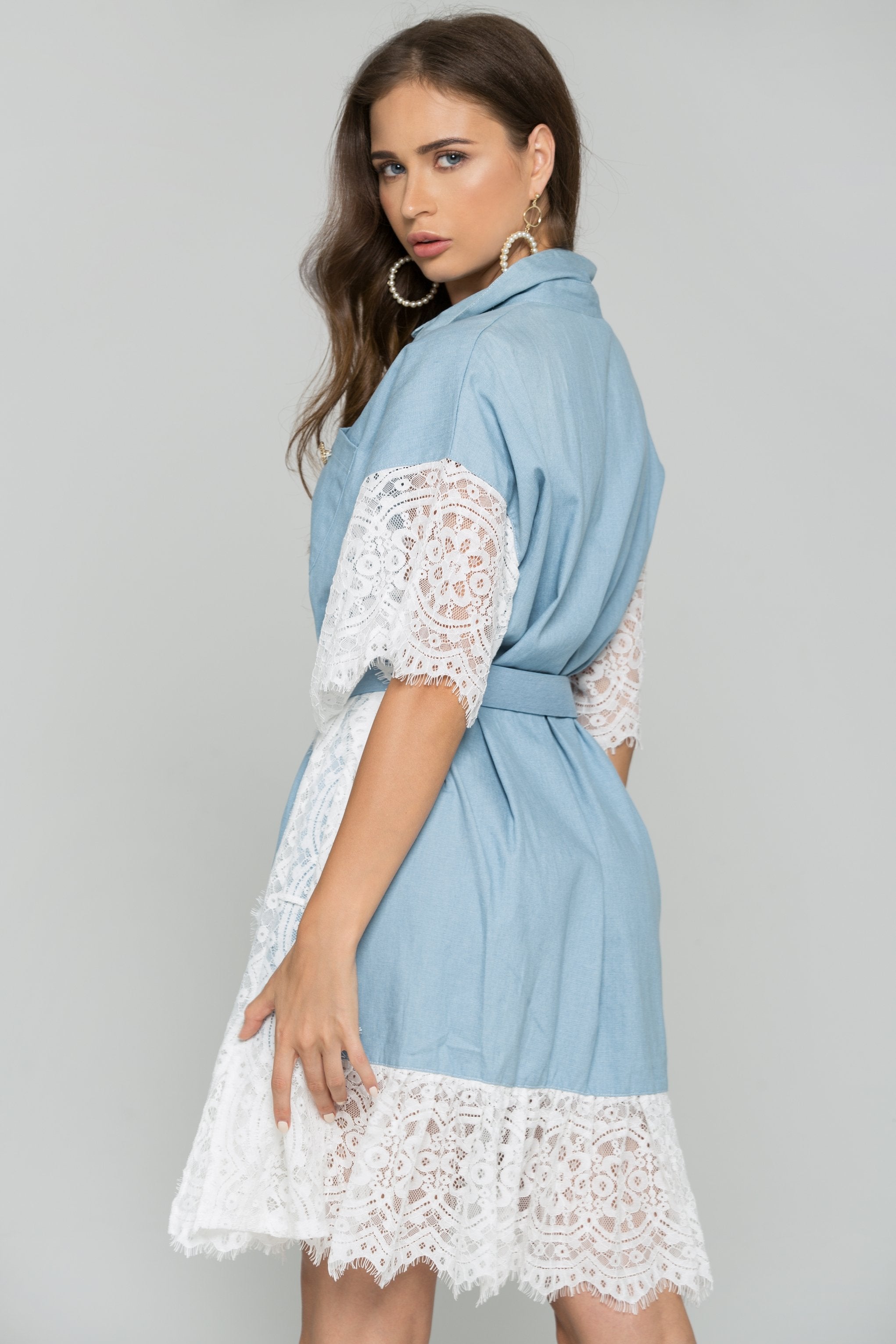 Denim Kaftan All-Over Lace Shirt Dress