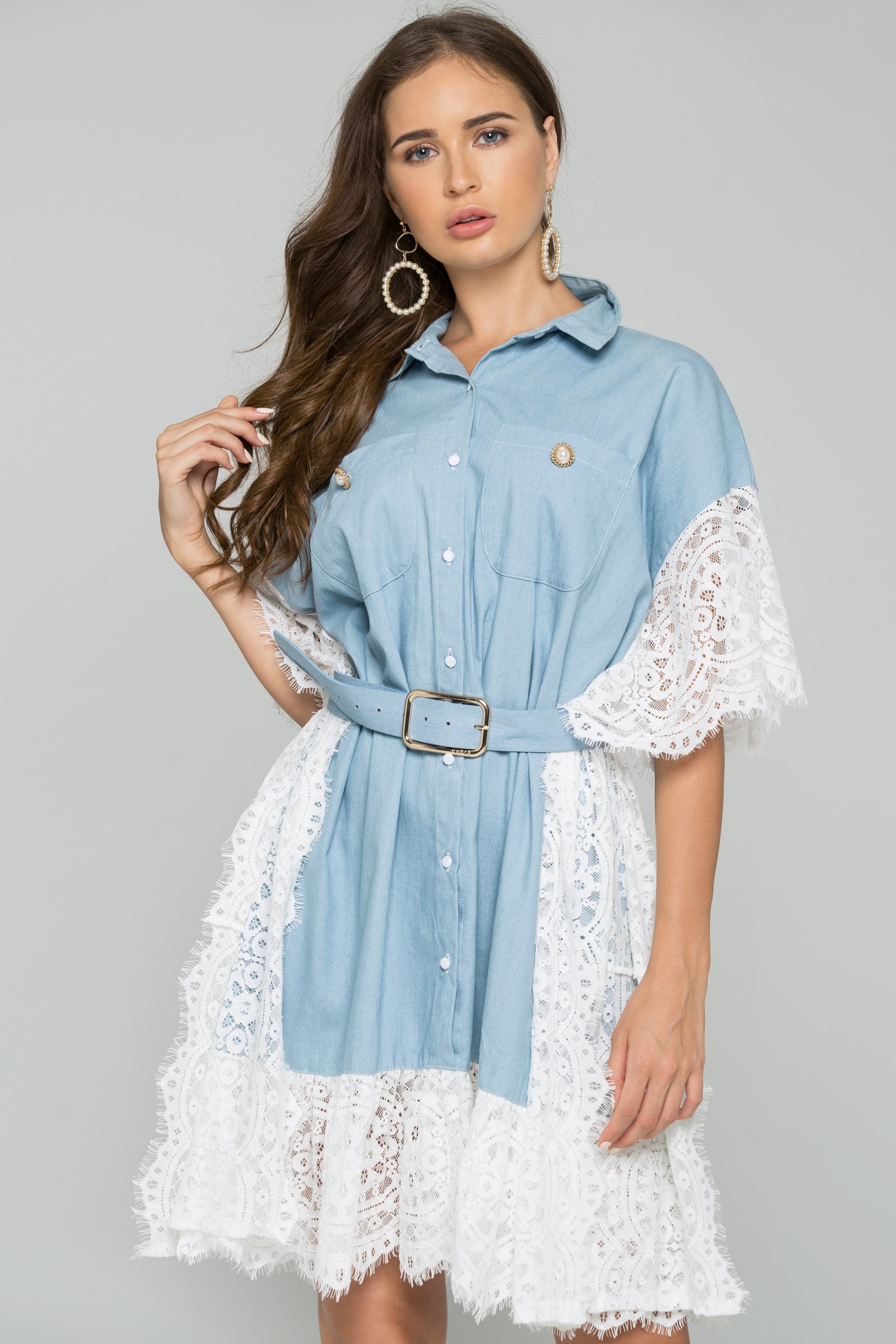 Denim Kaftan All-Over Lace Shirt Dress
