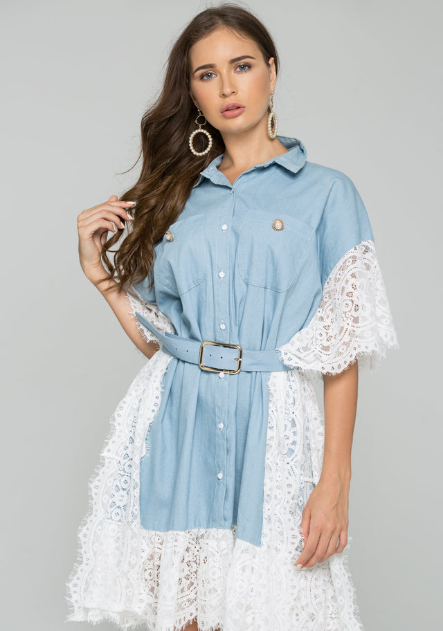Denim Kaftan All-Over Lace Shirt Dress