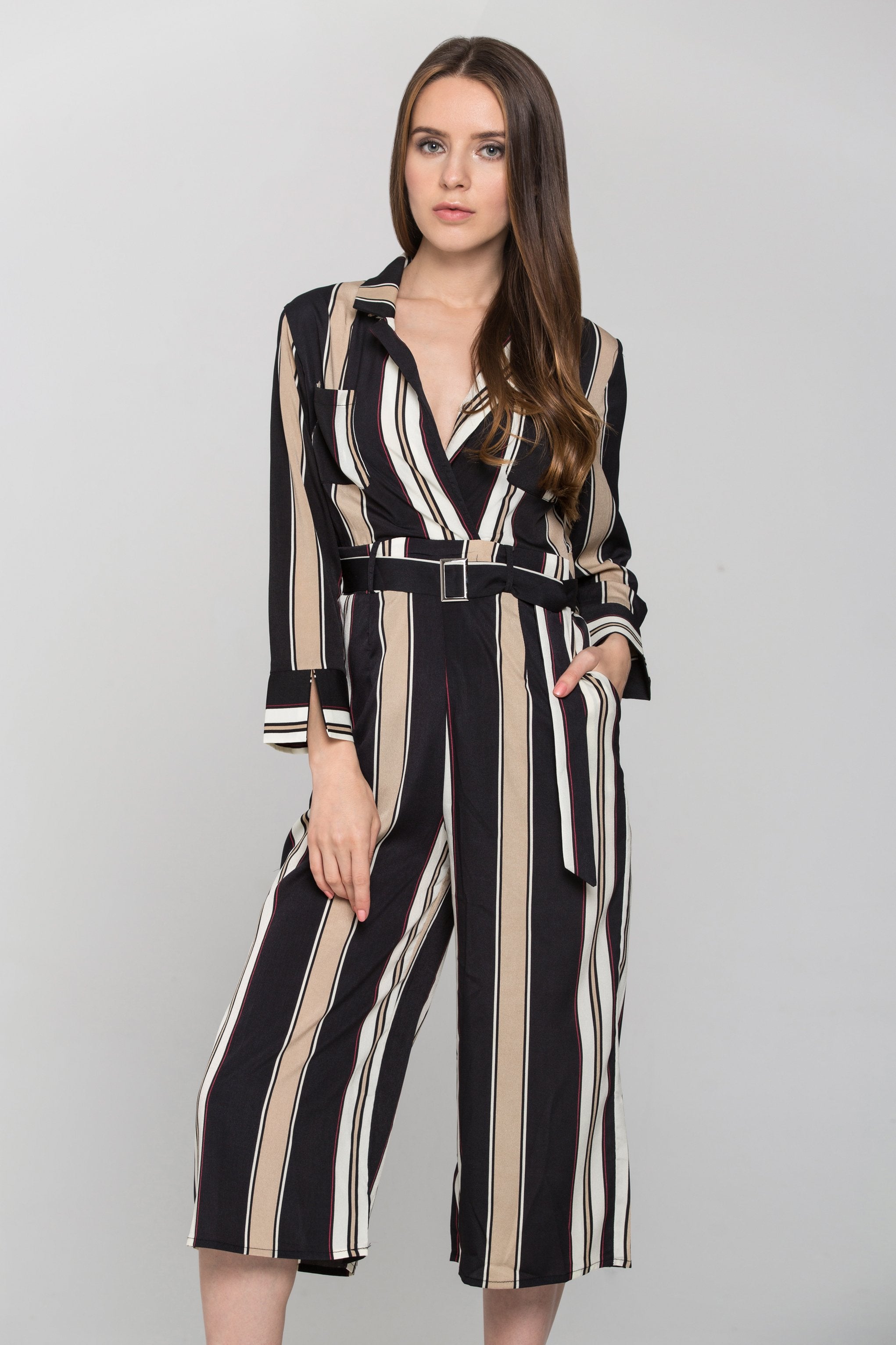 Striped Silk Collared Jumpsuit