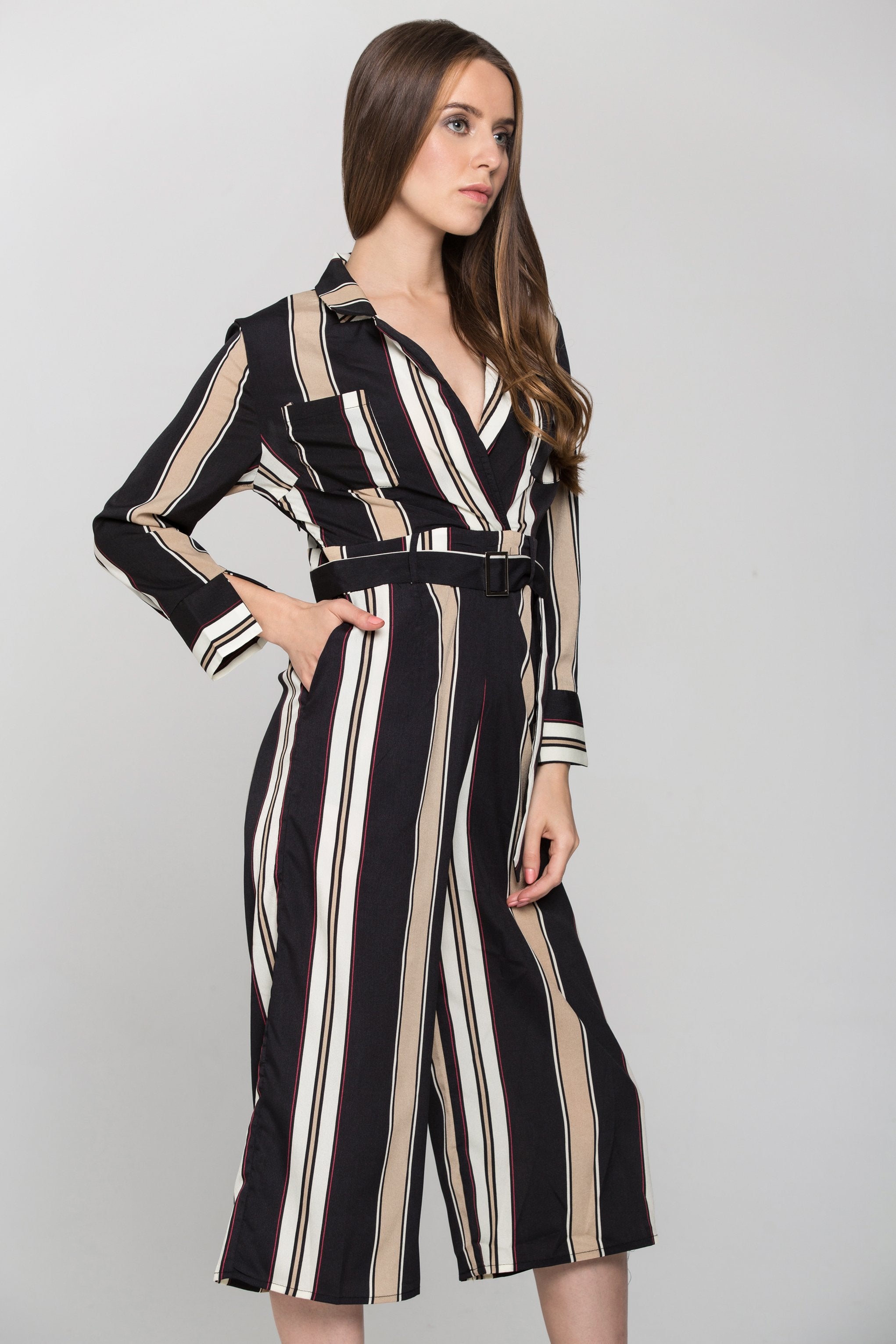 Striped Silk Collared Jumpsuit