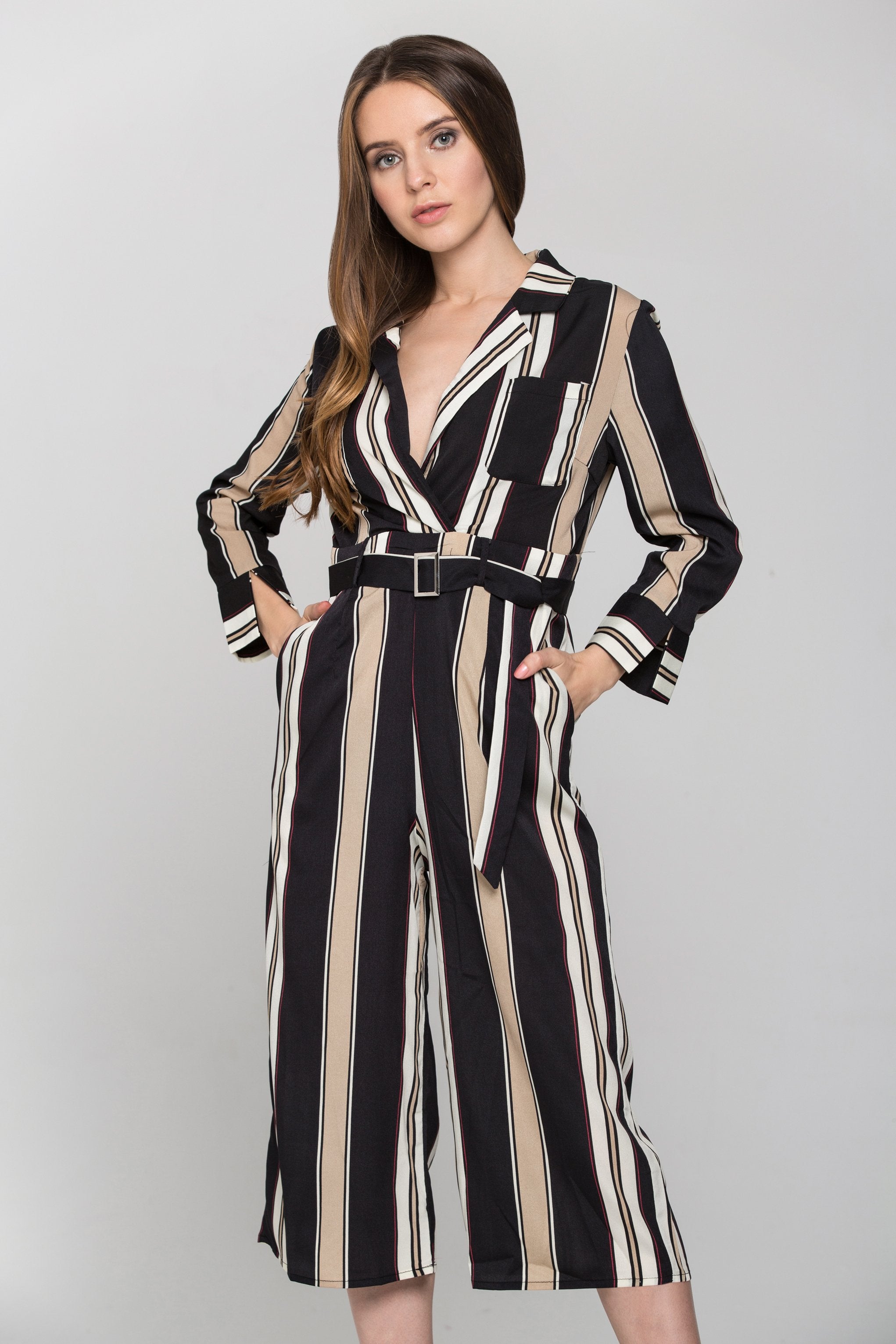 Striped Silk Collared Jumpsuit