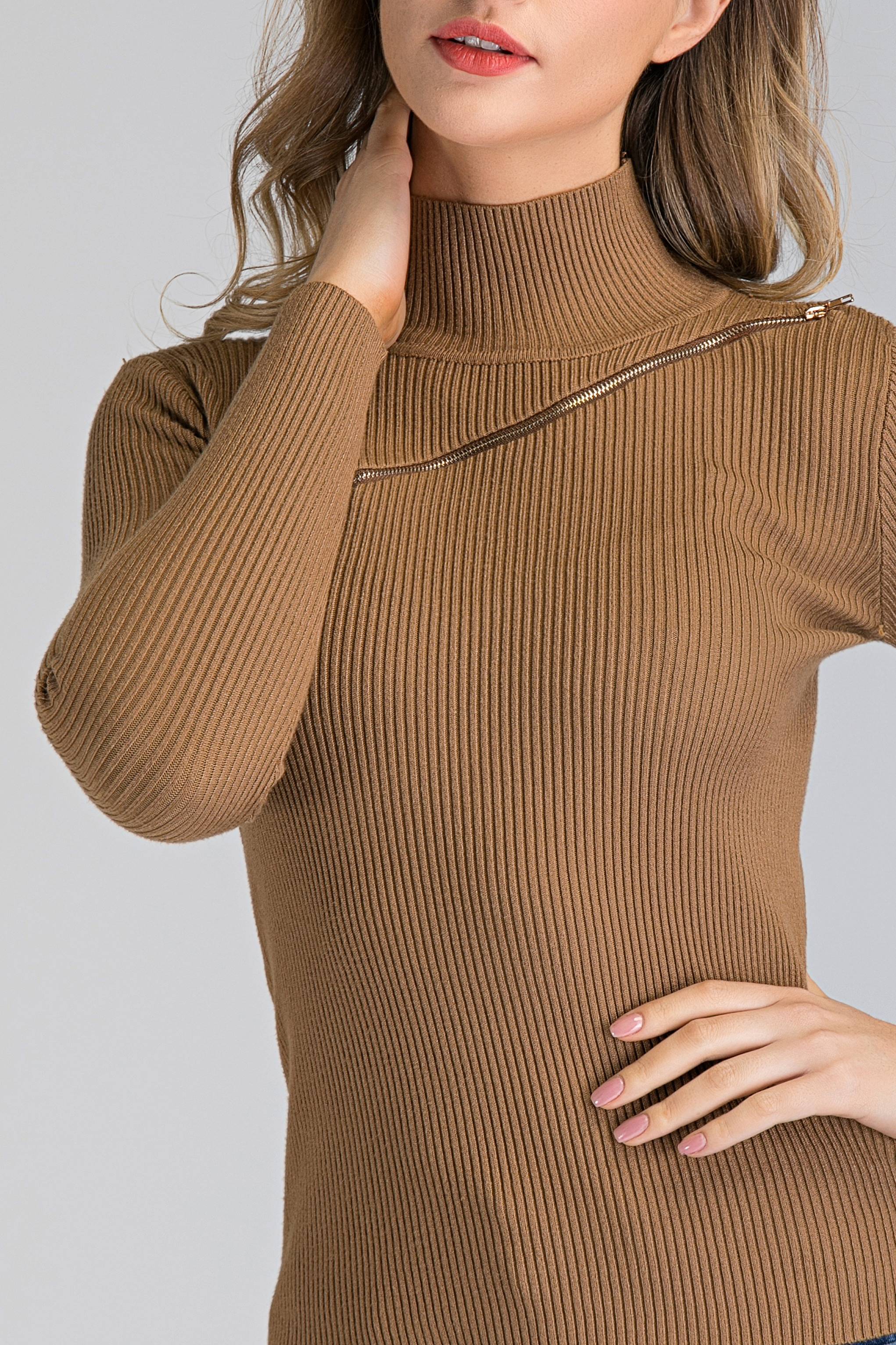 Tan Knit Chest Zip Sleeved Top