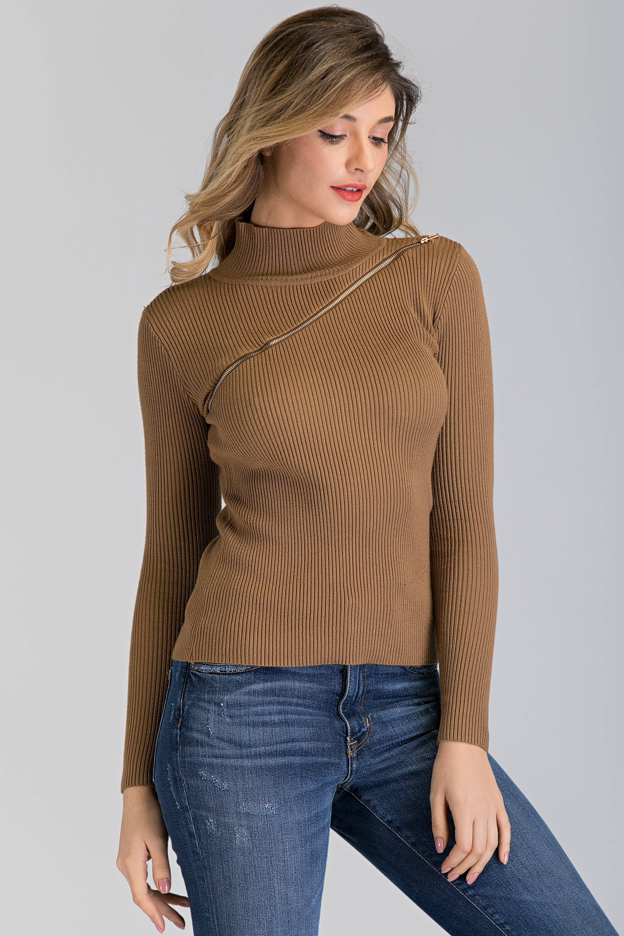 Tan Knit Chest Zip Sleeved Top