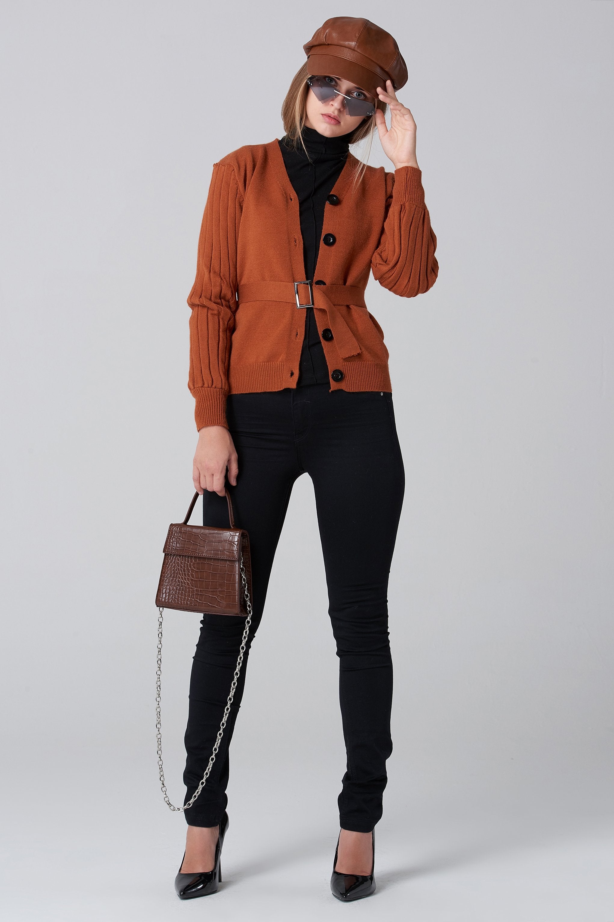 Tan Ribbed Sleeves Belted Cardigan