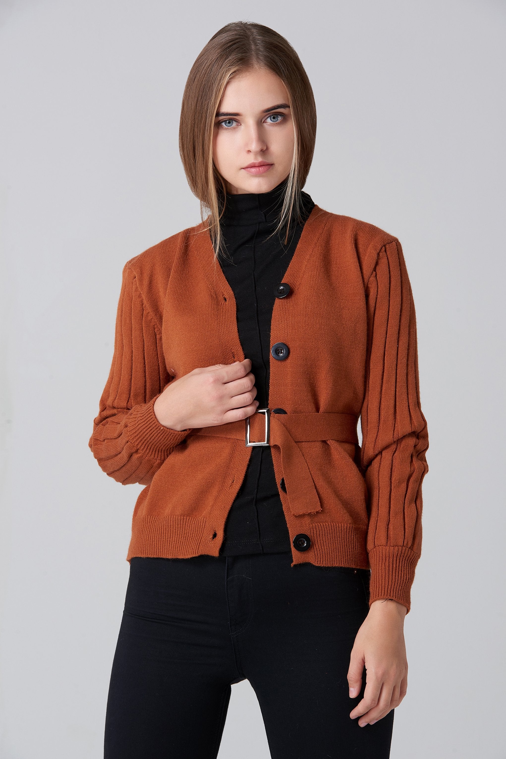 Tan Ribbed Sleeves Belted Cardigan