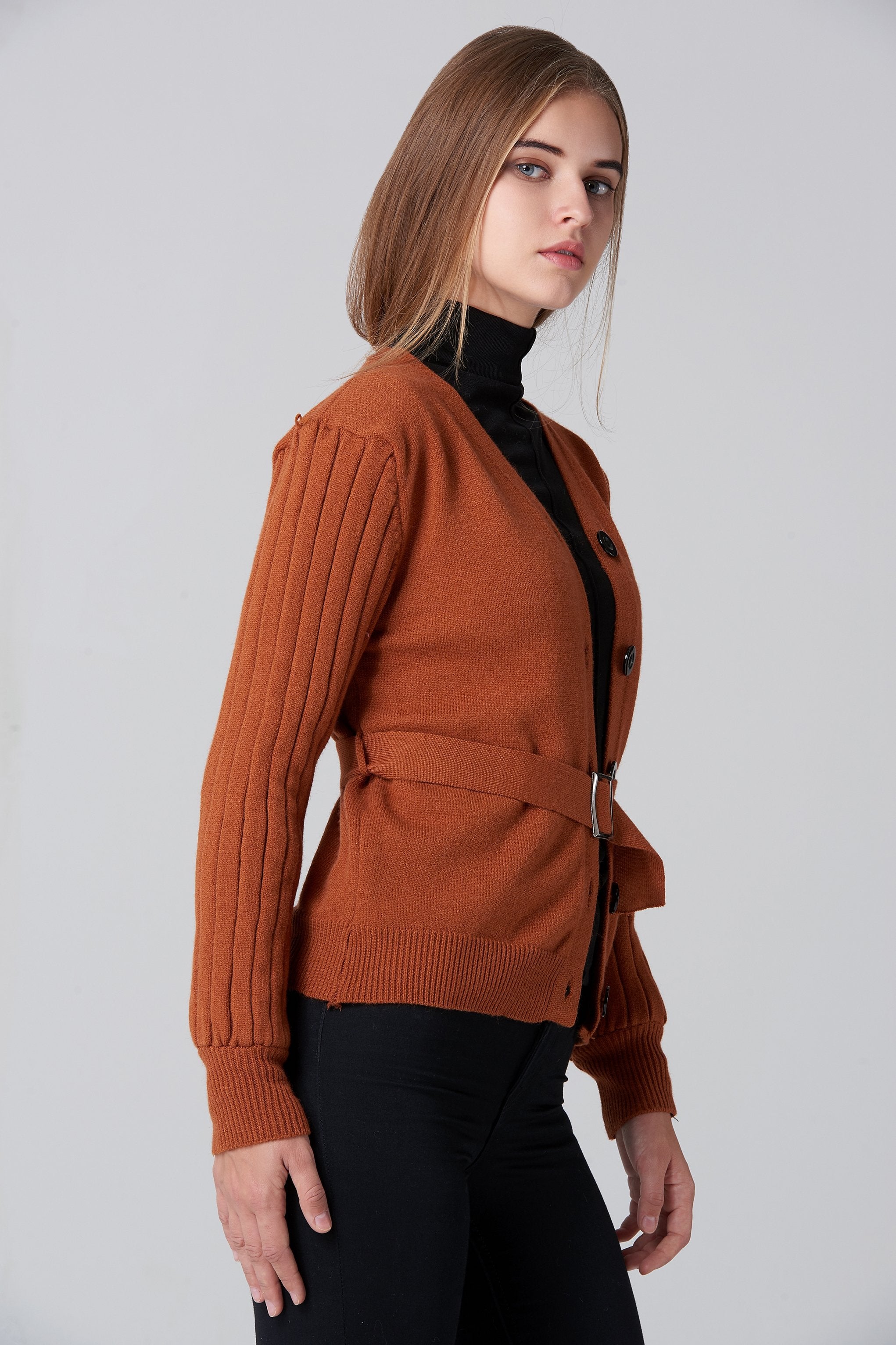Tan Ribbed Sleeves Belted Cardigan