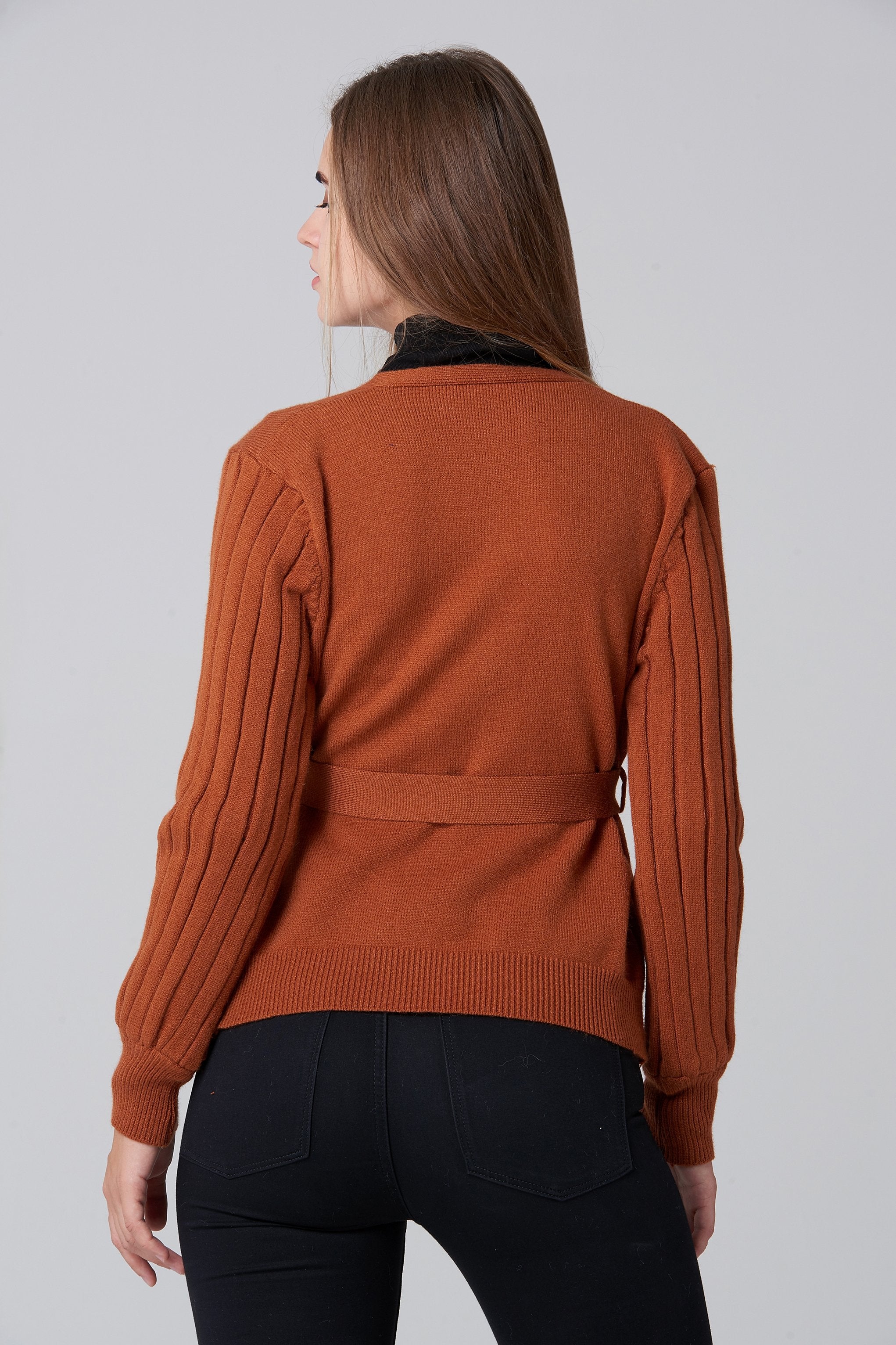 Tan Ribbed Sleeves Belted Cardigan