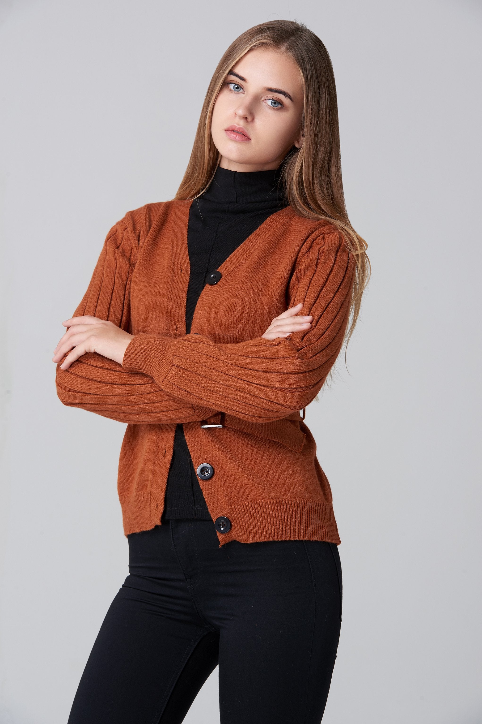 Tan Ribbed Sleeves Belted Cardigan