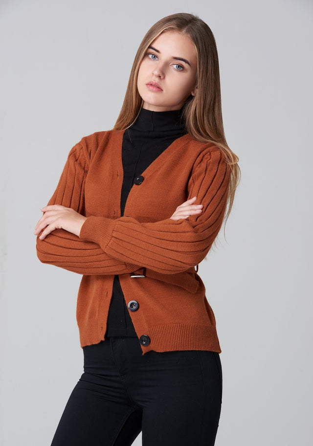Tan Ribbed Sleeves Belted Cardigan